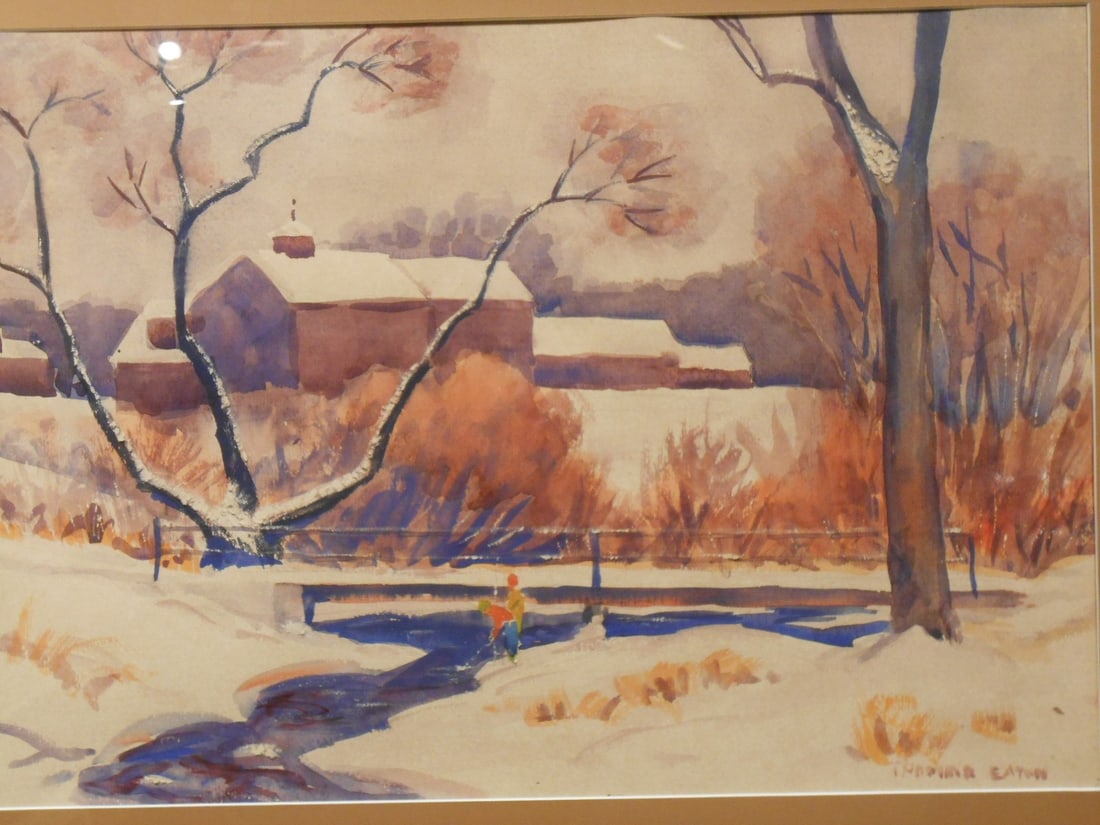 Thomas Eaton: Winter Landscape with Boys Fishing: Thomas Eaton: Winter Landscape with Boys Fishing. Watercolor, signed, framed. 22.75 x 29.75 inches framed. Private Collection Good aged condition, paper discolored from age. NOTE: If documentation is