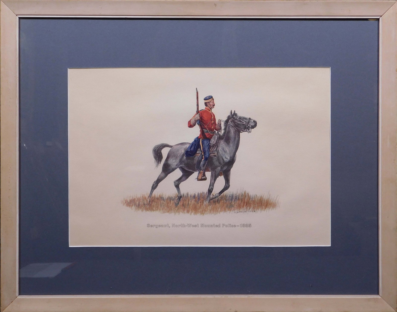 Theodore Baldwin Pitman: Sergeant, North-West Mounted Police, 1885: Theodore Baldwin Pitman (American, 1892-1956): Sergeant, North-West Mounted Police, 1885, 1955. Offset lithograph, signature lower right, framed. 15.75 x 10.75 inches sight, 23.75 x 18.75 inches