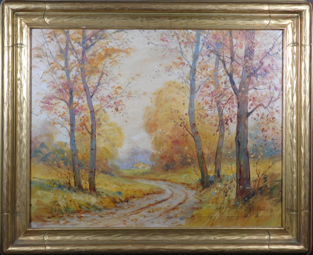 H. Melville: Country Road: H. Melville: Country Road. Late 19th early 20th Century Oil on canvas. Signed lower right. 27.5x33.5 in Framed. 22x28 in Canvas Private Collection, New England Good aged condition. NOTE: If