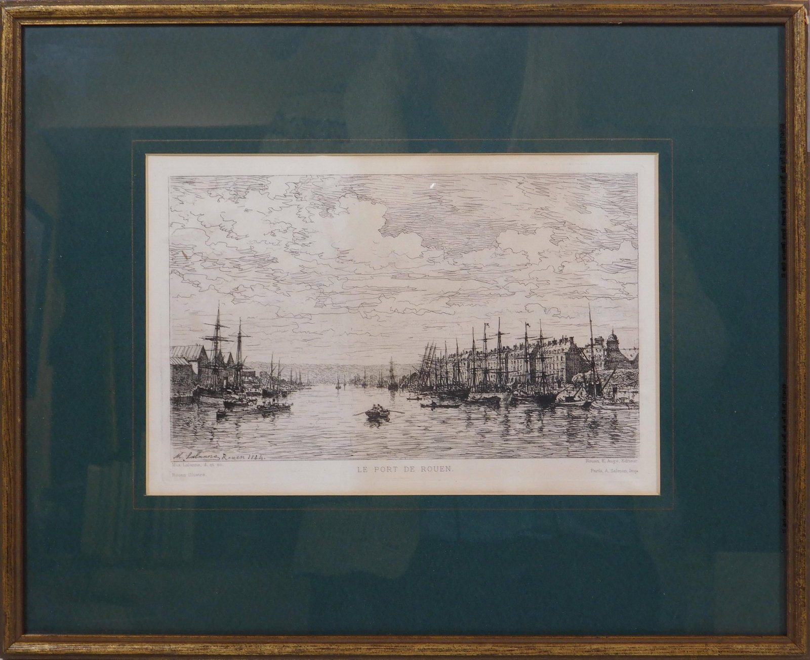 H. Toussaint: Le Port de Rouen, France: H. Toussaint (French, 19th Century): Le Port de, Rouen, France, 1880. Engraving,signed in the plate, framed. Toussaint was known for making detailed, unusual views of French cities. This one is alive