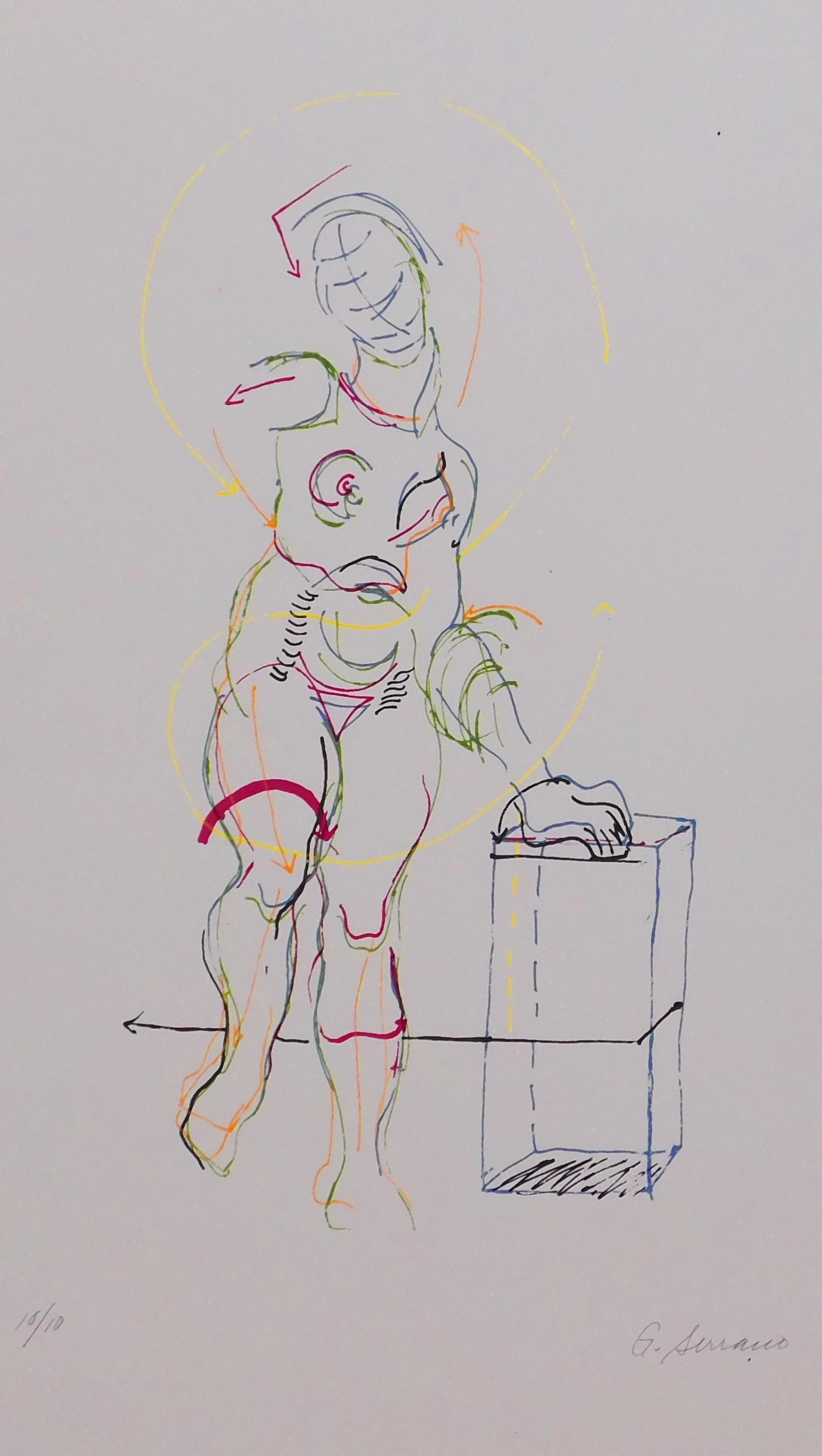 George G. Serrano: Abstract Figure: George G. Serrano (American, 1906 - 1973): Abstract Figure. Screenprint on paper, signed in pencil lower right, numbered 10/10, unframed, inventory number in pencil verso. 18 x 10.5 inches paper.