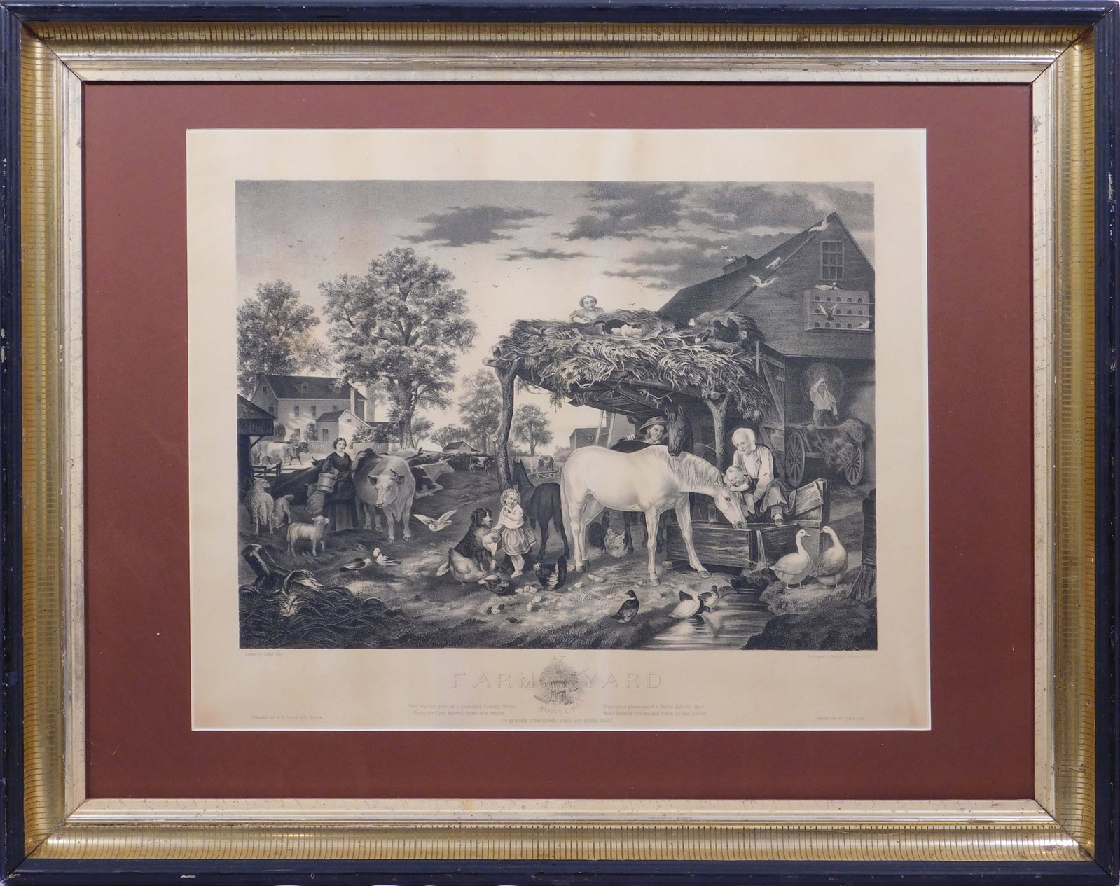 After Joseph John: Farmyard: After Joseph John (19th Century): Farmyard, c. 1880. Lithograph, artist name lower left, framed. 21.75 x 18 inches sight, 32.75 x 26 inches framed. Private Collection, New England Aged condition.