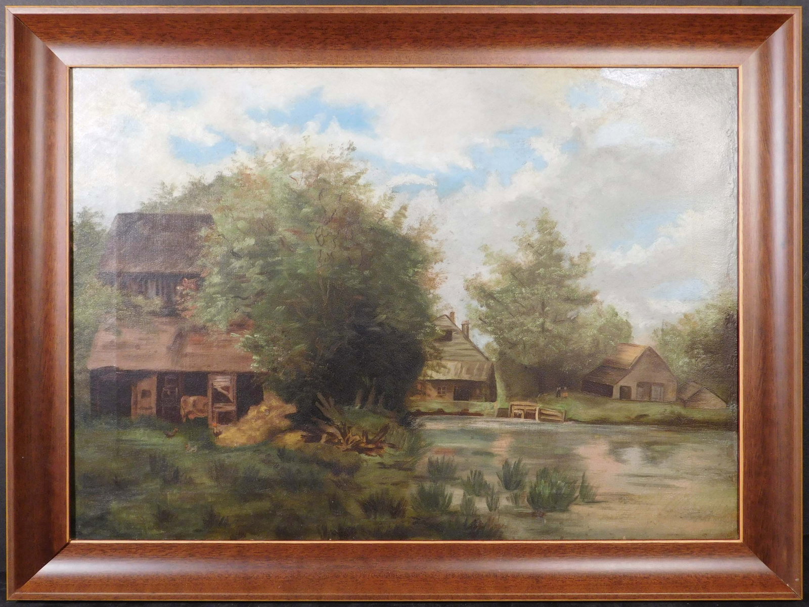 American School Farm Scene: American School Farm Scene. Oil on canvas, unsigned, professionally cleaned and framed. 20.5 x 27.5 inches framed; 17 x 24 inches canvas. Private collection, New England. Excellent condition. NOTE: