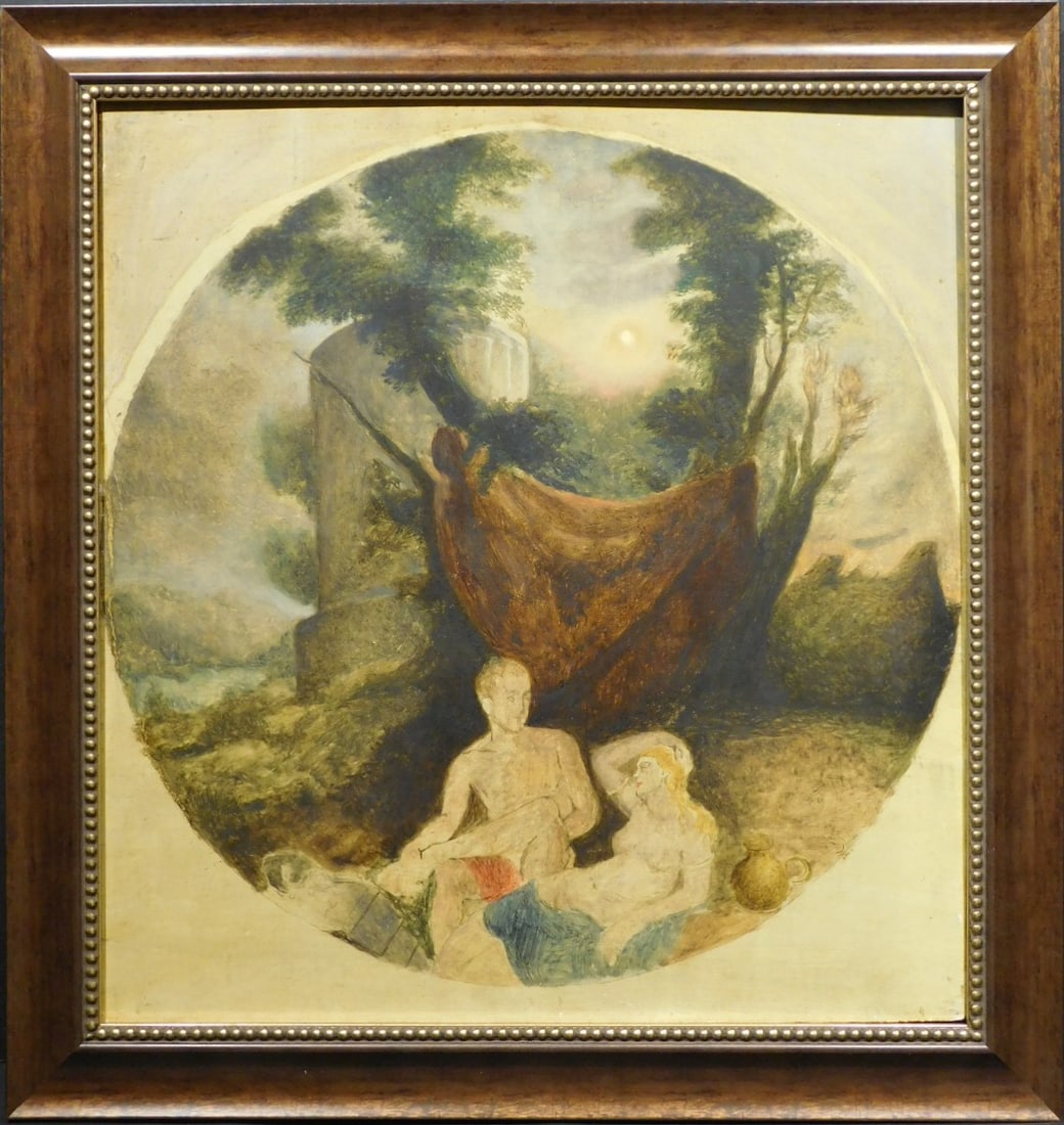 Classical Scene with Nude Figures: Classical Scene with Nude Figures: Mixed media on board, unsigned, framed. 25 x 24 inches framed. Private Collection, New England Good aged condition, no notable damage. NOTE: If documentation is not