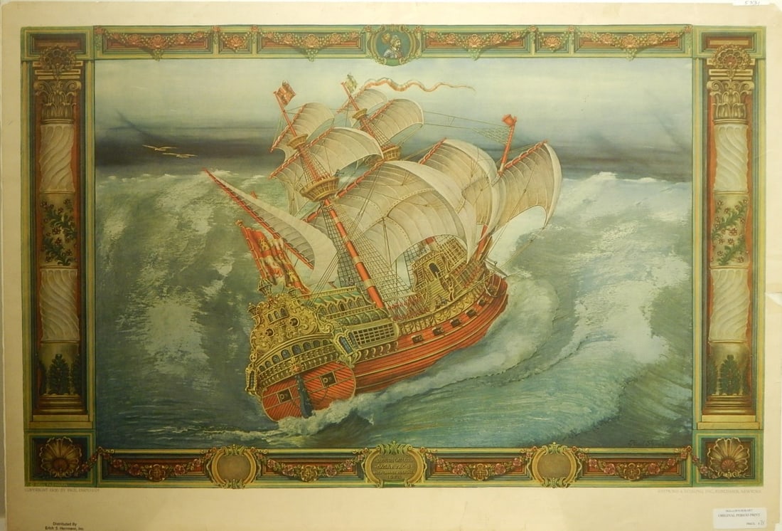 Paul Farnham (After): Spanish Galeon 1926 Lithograph: Paul Farnham (After): Spanish Galeon 1926 Chromo Lithograph, printed by Raymond & Rissling, Inc., Publisher, New York, unsigned, unframed. 36"x22.25" image Private Collection, New England Poor