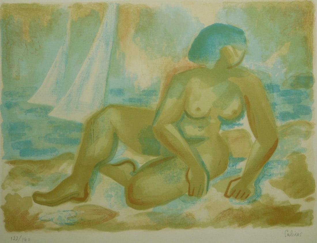 Marcel Salinas: Sur La Plage: Marcel Salinas: Sur La Plage, lithograph, 122 out of an edition of 140, matted and framed. Dimensions: 14 1/2 x 19 1/4" paper, 22 1/4 x 26 3/4" frame 14 1/2 x 19 1/4" paper, 22 1/4 x 26 3/4" frame