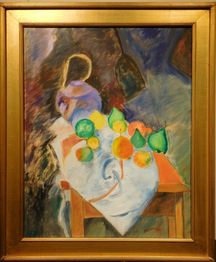 Reitman: Still Life With Teapot and Fruit: Reitman (Czechoslovakian, 20th Century): Still Life With Teapot and Fruit. Oil on canvas, signed and dated '04 (2004), framed. 36 x 29.5 inches framed; 30.5 x 24 inches canvas. Private collection,