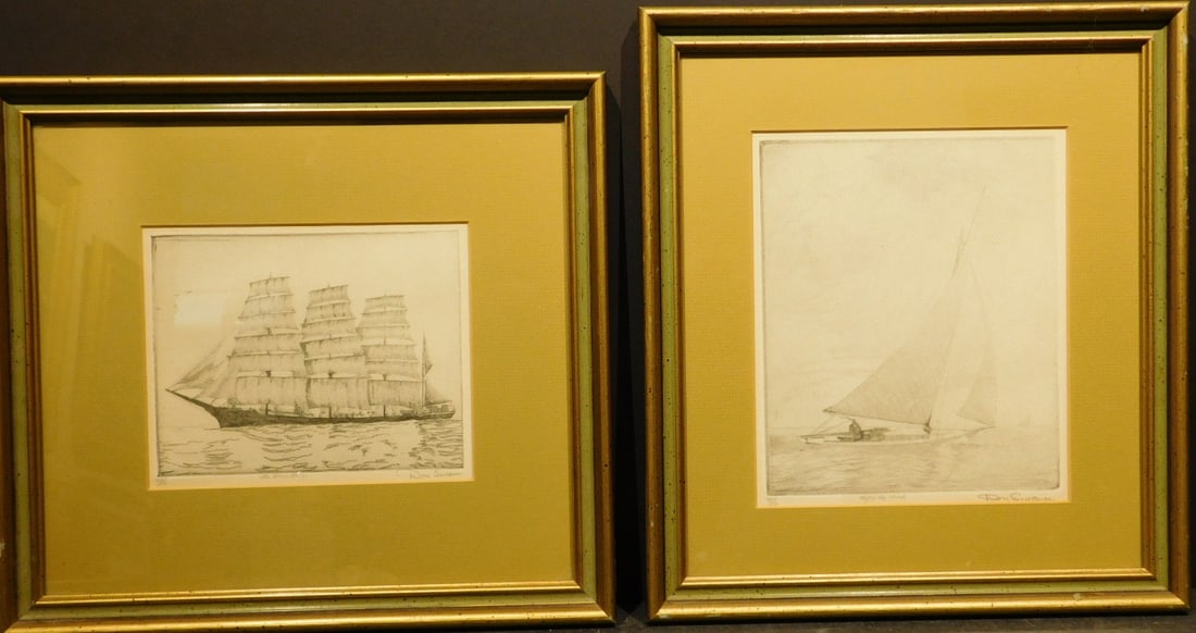 Don Swan: Pair of Sailing Etchings c.1940: Don Swan: Pair of Sailing Etchings c.1940, signed, numbered from editions of 300, titled The Grain Race and Before The Wind. Installed in original matching frames. 13.5x15 inches, each frame. A