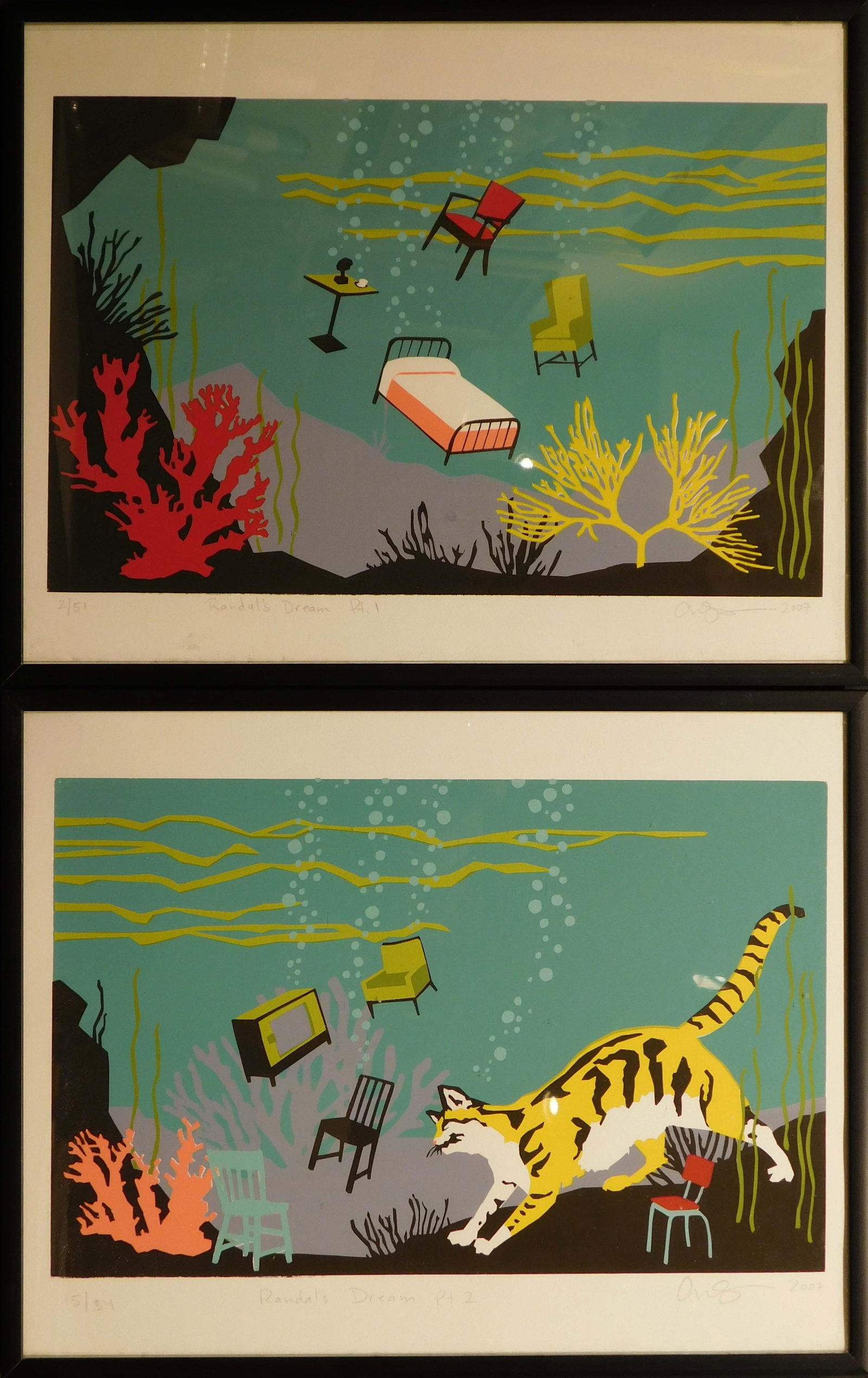 Randal's Dream, pair of Silk Screen prints, 2007: Artist unidentified: Randal's Dream, pair of Silk Screen prints, signed indistinctly, titled, numbered and dated 2007. Installed in two identical black metal frames. 11.5x14.5 inches, each frame.
