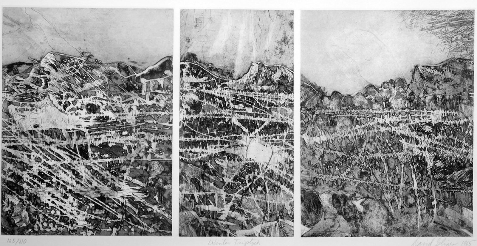 David Glines: Winter Triptych Etching 1965: David Glines (1931-2014): Winter Triptych, Signed, Titled, Dated 1965 & Numbered 165 from an edition of 210. Multiple-plate Etching plate: 11 5/8 x 24 in.? Private Collection, New England good