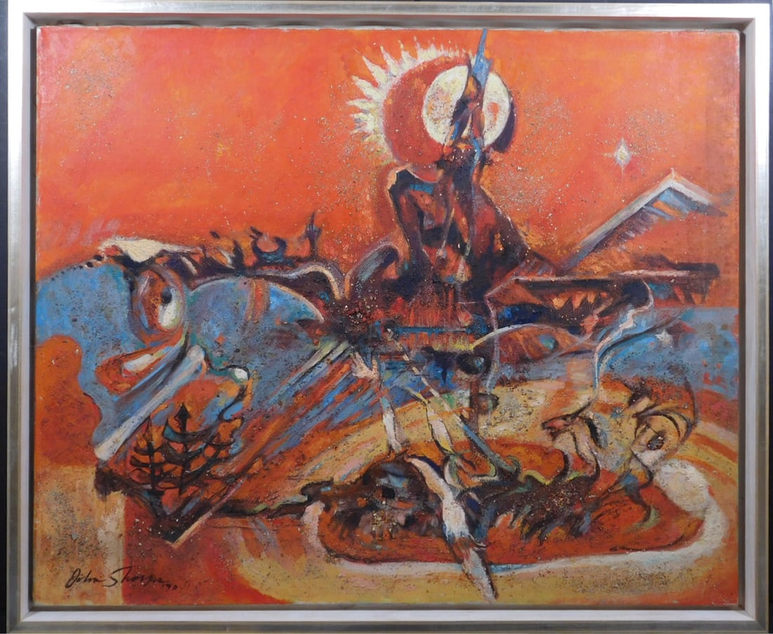 John Shayn: Job 36:26: John Shayn (1901-1977 American): Job 36:26. Oil and mixed media on canvas. Signed lower left. Dated 1970. Signed on stretcher. Rose Art Museum label from "Jewish Arts Festival" 1976 verso. Unframed.