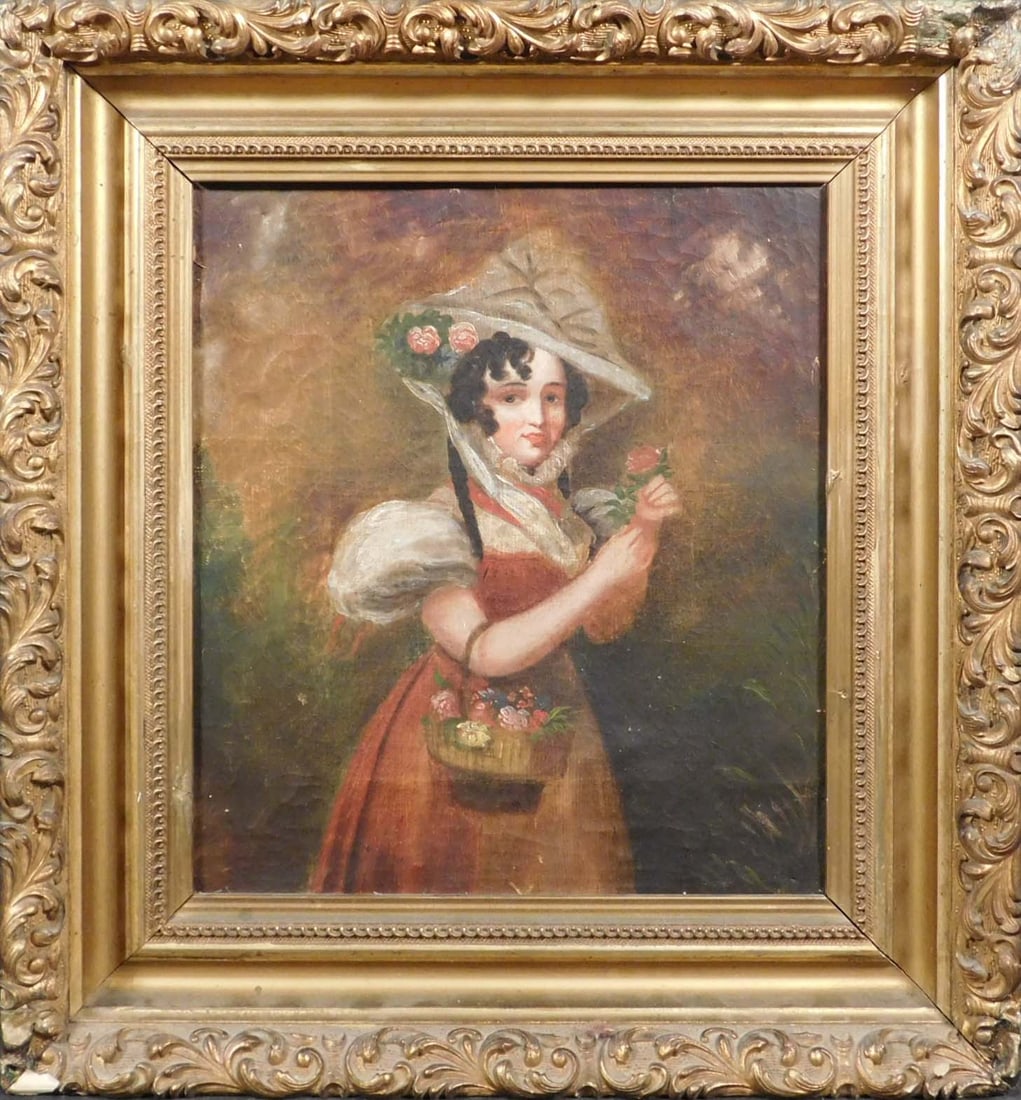 Flower Seller: Flower Seller: Late 18th/ Early 19th Century Oil on canvas. There is a possible signature to the right of her hat. Framed. 19.5 x 18 inches framed. 14 x 12 inches canvas. Private Collection, New