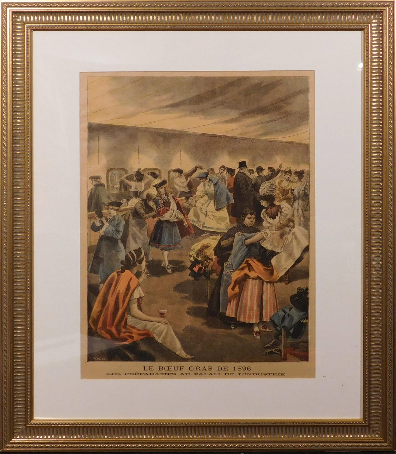 19th Century French Newspaper, Le Boeuf Gras: Le Boeuf Gras: Les Prepartifs au Palais de L'institute. Original illustration from Le Petite Journal, 1896. Professionally matted and framed. 23 x 19 inches framed; 15.5 x 11 inches print. Private
