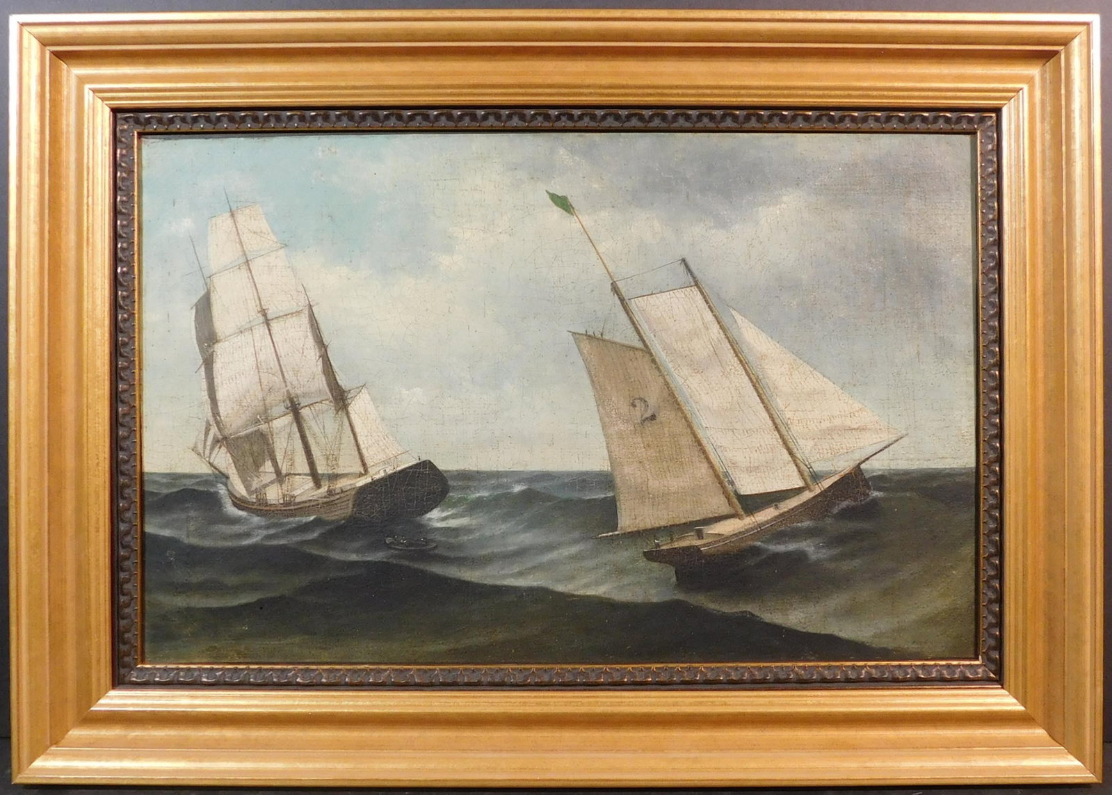 American School: Ships in Grey Waters: American School: Ships in Grey Waters. Late 19th - Early 20th Century. Oil on canvas lined with aluminum, unsigned, professionally framed. 19 x 27 inches framed; 14 x 22 inches canvas. Private