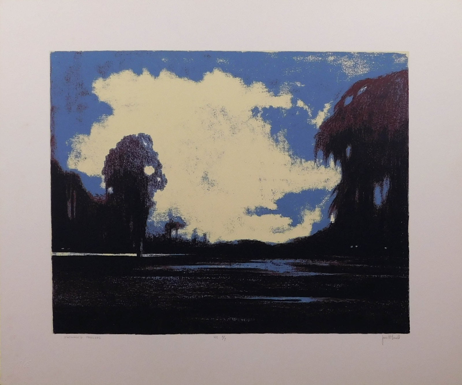 James McDonald: Evenings Prelude: James McDonald (American, 20th Century): Evenings Prelude. Silk screen print on heavy paper, printed by AFA Press, signed, numbered, and titled in pencil below, unframed. 22 x 26 inches paper; 16 x