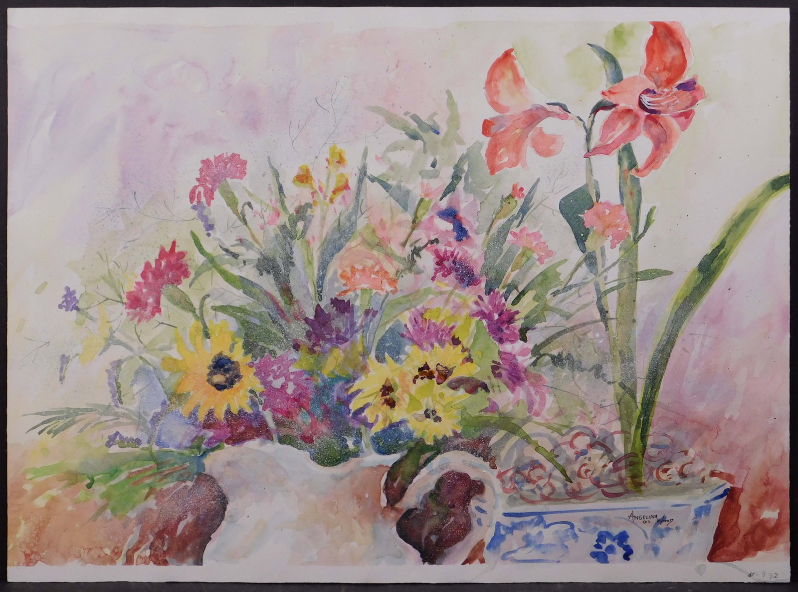 Angelina Wood: Floral Bouquet with Amaryllis: Angelina Wood (American, 1930-2003): Floral Bouquet with Amaryllis. Watercolor on heavy paper, signed lower right and marked with inventory number, unframed. Angelina was a well known regional artist