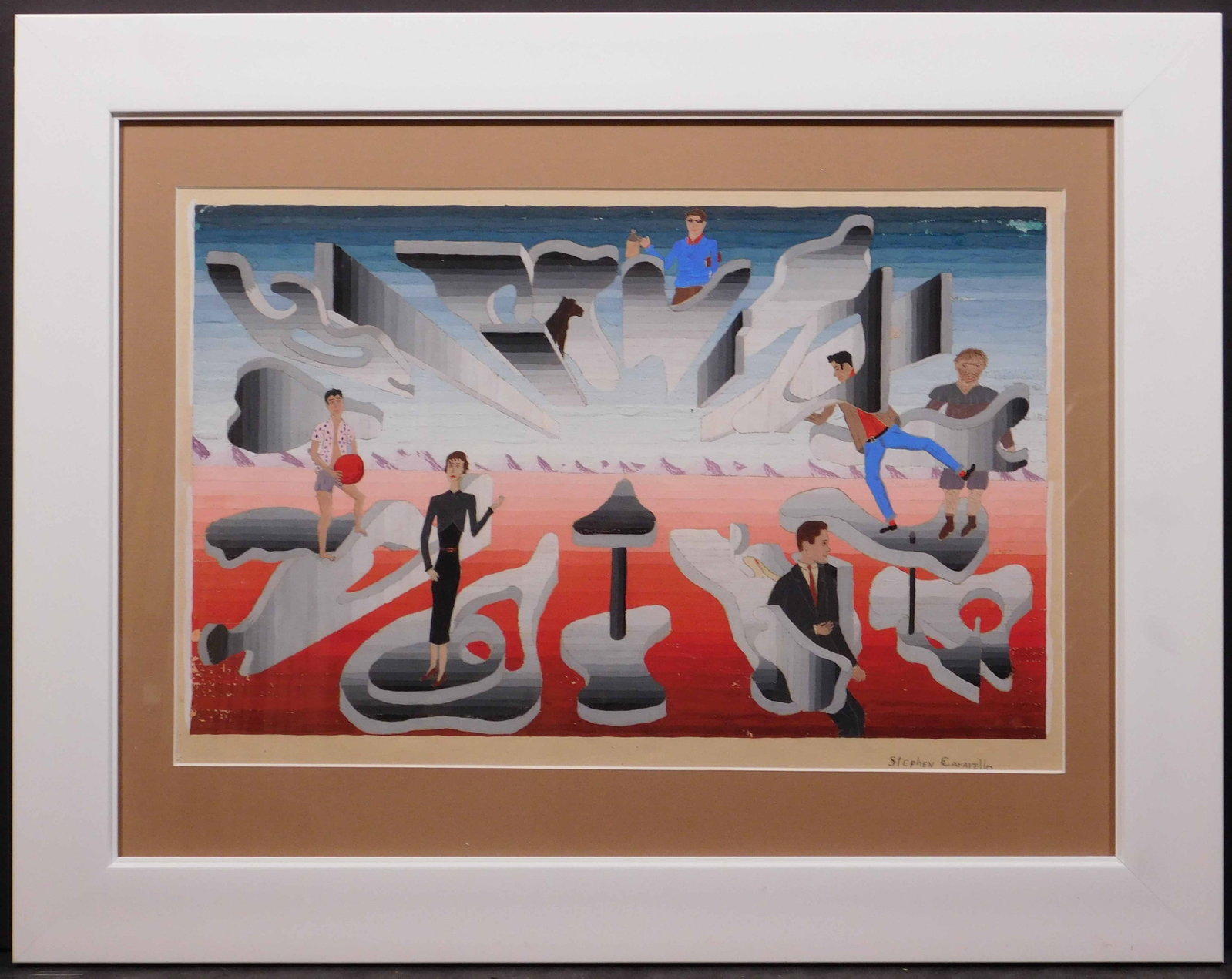 Stephen Caravello: Surreal Landscape with Figures: Stephen Caravello: Surreal Landscape with Figures, 1976. Gouache on paper, signed lower right, framed, inventory number verso. 12 x 18 inches paper; 18 x 23 framed. Private Collection, New England