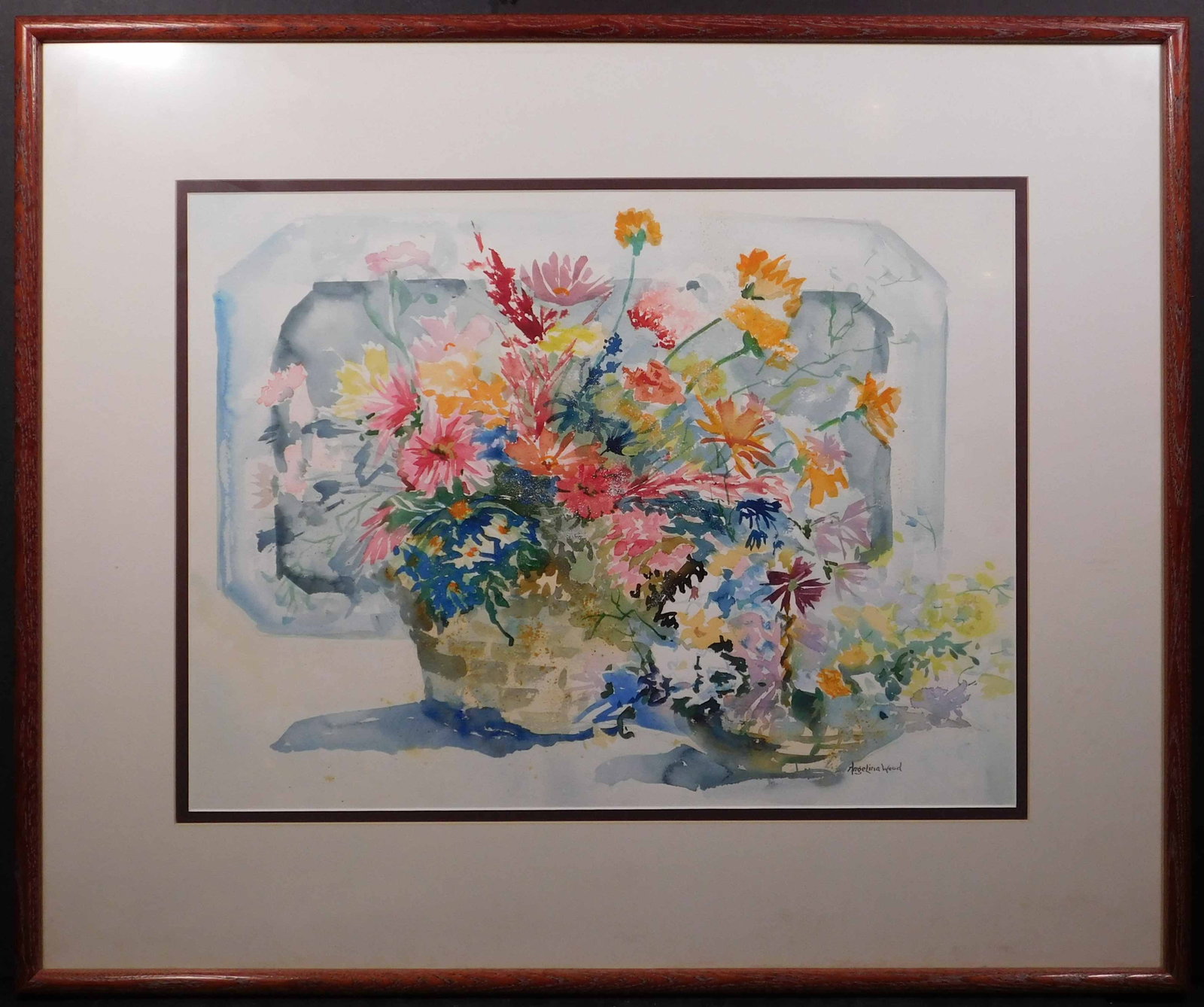 Angelina Wood: Basket of Flowers: Angelina Wood (American, 1930-2003): Basket of Flowers. Watercolor on cold pressed paper, signed lower right, professionally matted and framed. Angelina was a well known regional artist in Southern
