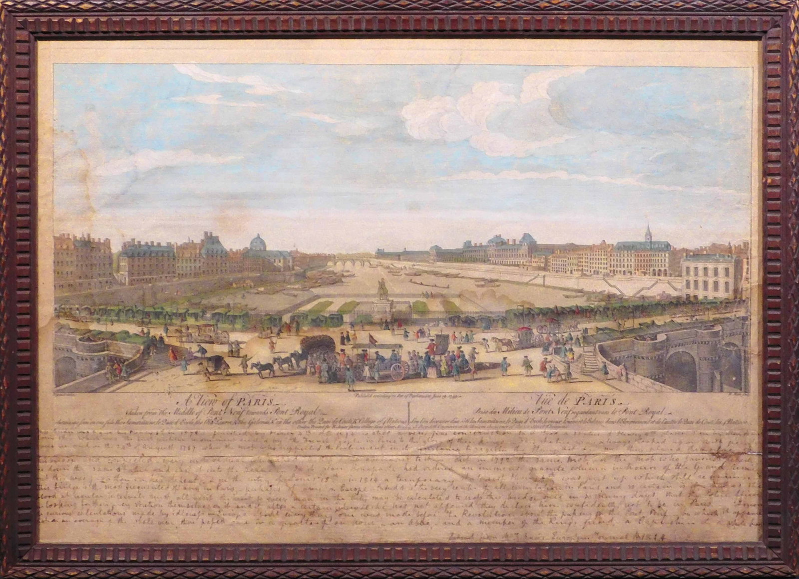 A View of Paris from the Pont Neuf: A View of Paris from the Pont Neuf. From an engraving dated 1749 by Remigius Parr after a work by Jacques Rigaud. Below is a hand written history of the area from an extract from and 1814 European