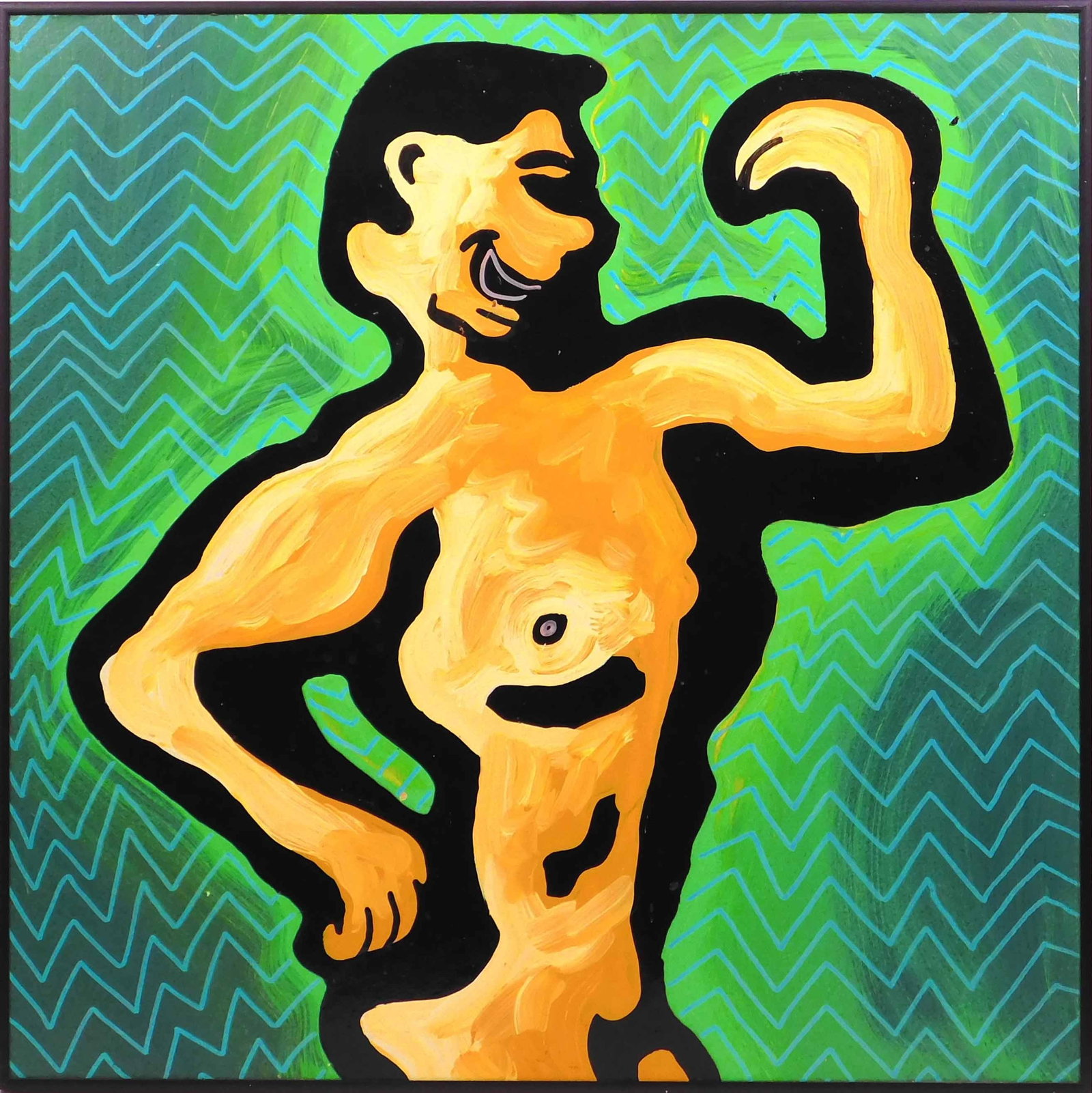 Abstract Figure on a Green Patterned Background: Abstract Figure on a Green Patterned Background. Unsigned, possibly the work of a student at the Rhode Island School of Design. Acrylic on wood panel. Framed. 24.25 x 24.25 inches framed. Private