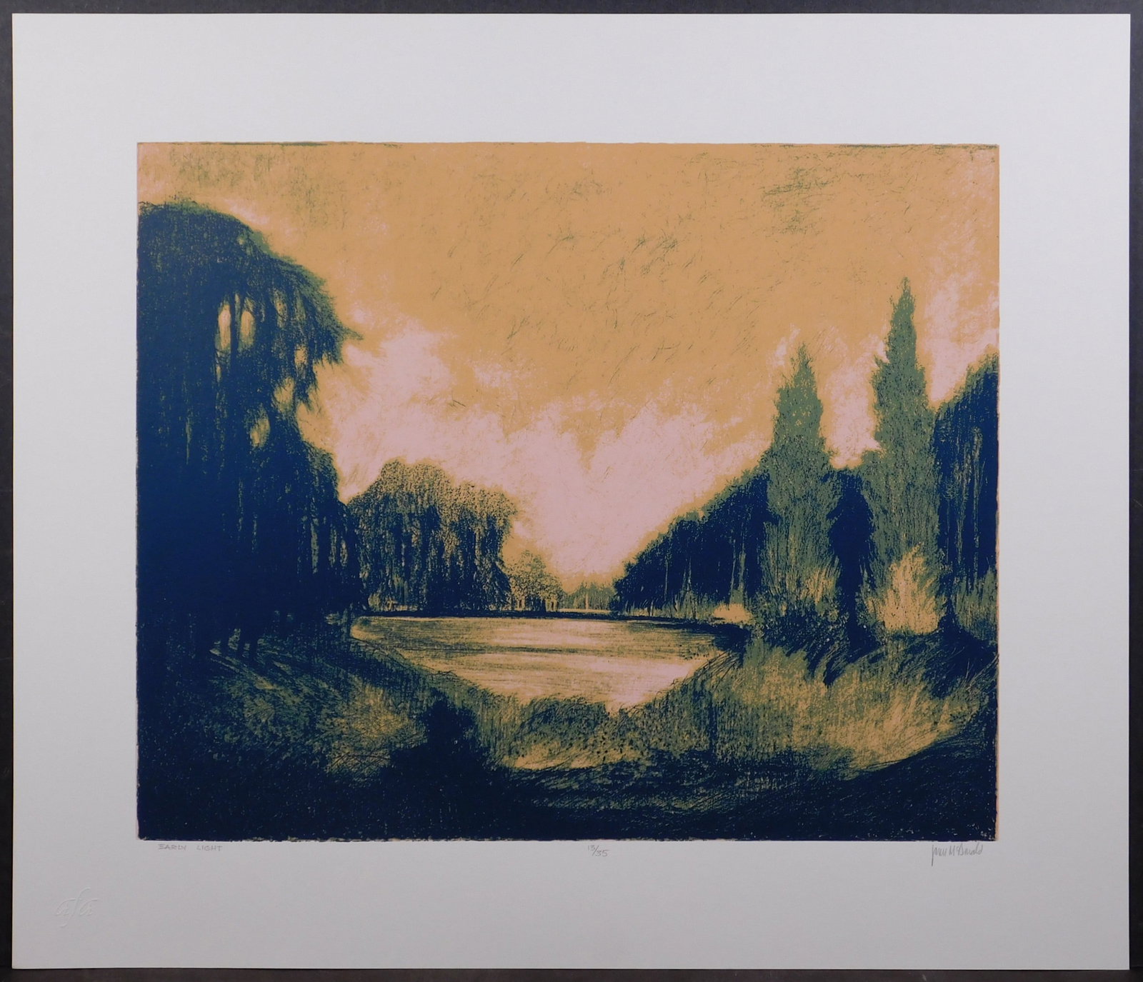 James McDonald: Early Light: James McDonald (American, 20th Century): Early Light. Silk screen print on heavy paper, printed by AFA Press, signed, numbered (13/35), and titled in pencil below, unframed. 22 x 26 inches paper; 16 x