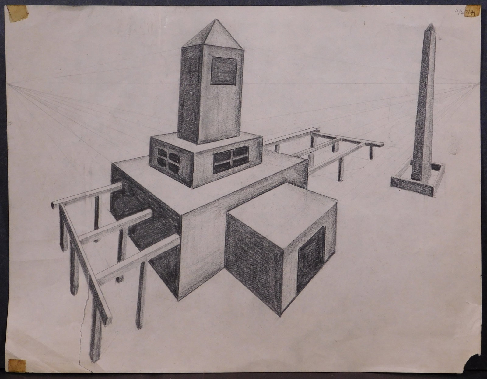 Architechtual Barn Sketch: Architechtual Barn Sketch. Pencil on bond paper, unsigned, unframed. 8.5 x 11 inches paper. Private collection, New England Fair condition; 3 inch tear right bottom edge; tape on coreners; lower right