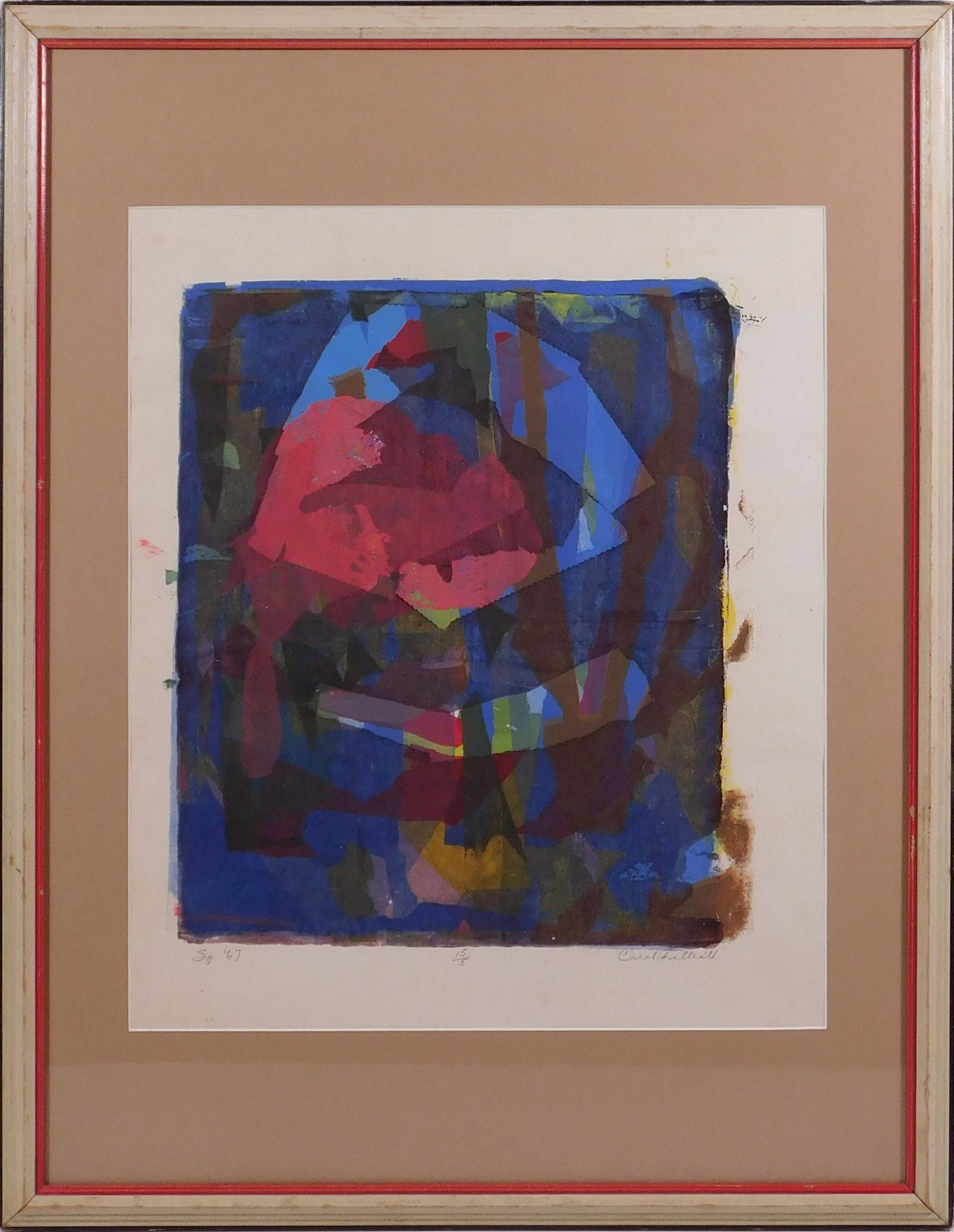 Carol Gellraith : Abstract Composition: Carol Gellraith : Abstract Composition, 1967. Silk screen print on paper, signed, dated, and numbered (5/15) in pencil below, framed. 26.5 x 20.5 inches framed; 14.5 x 12 inches plate. Private Collect