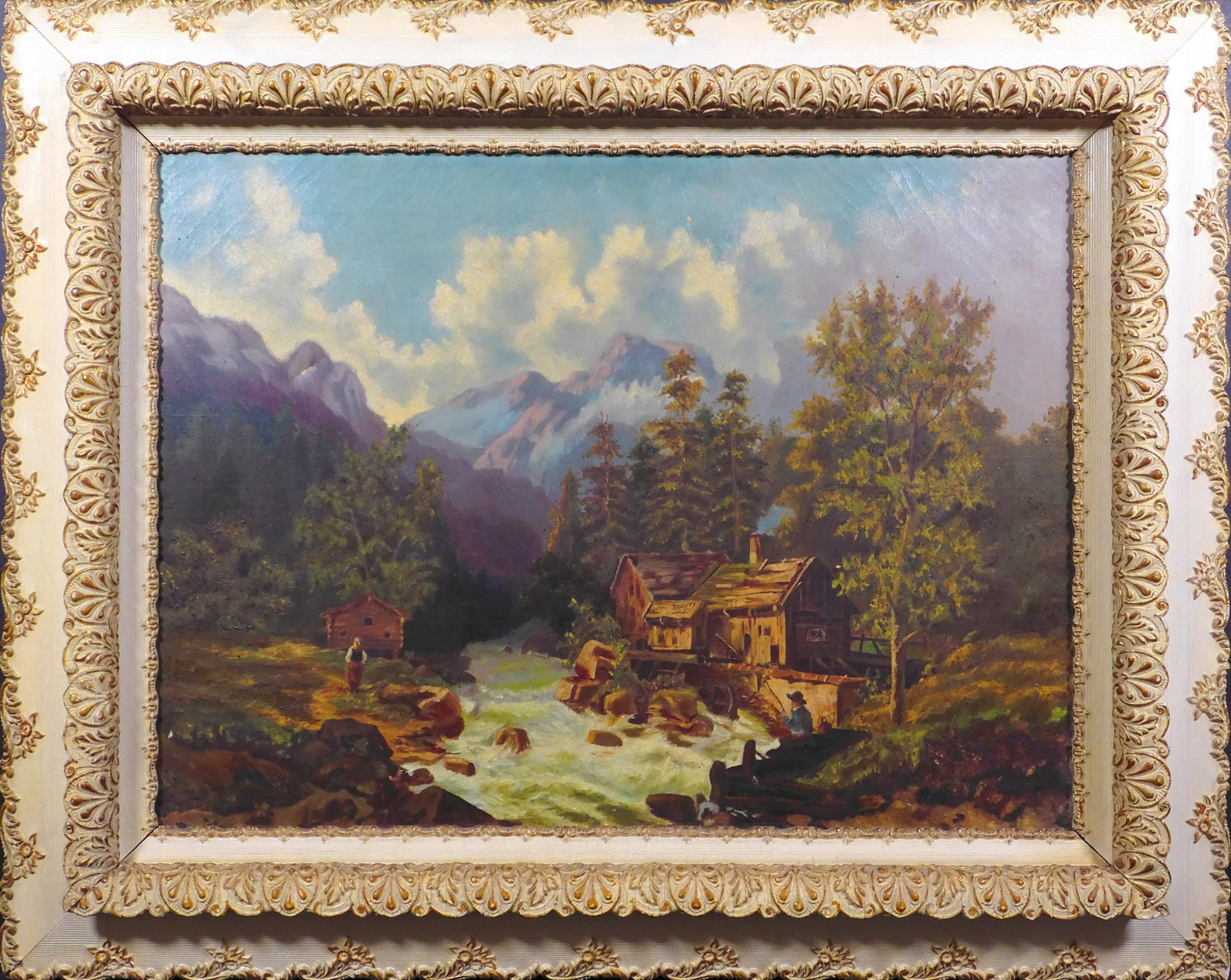 American School: Fishing by a Mill: Fishing by a Mill. American, Unsigned, 20th Century. Oil on canvas, framed. The towering mountains in the background add a sense of grandeur and awe, underscoring the beauty of the scene. This paintin