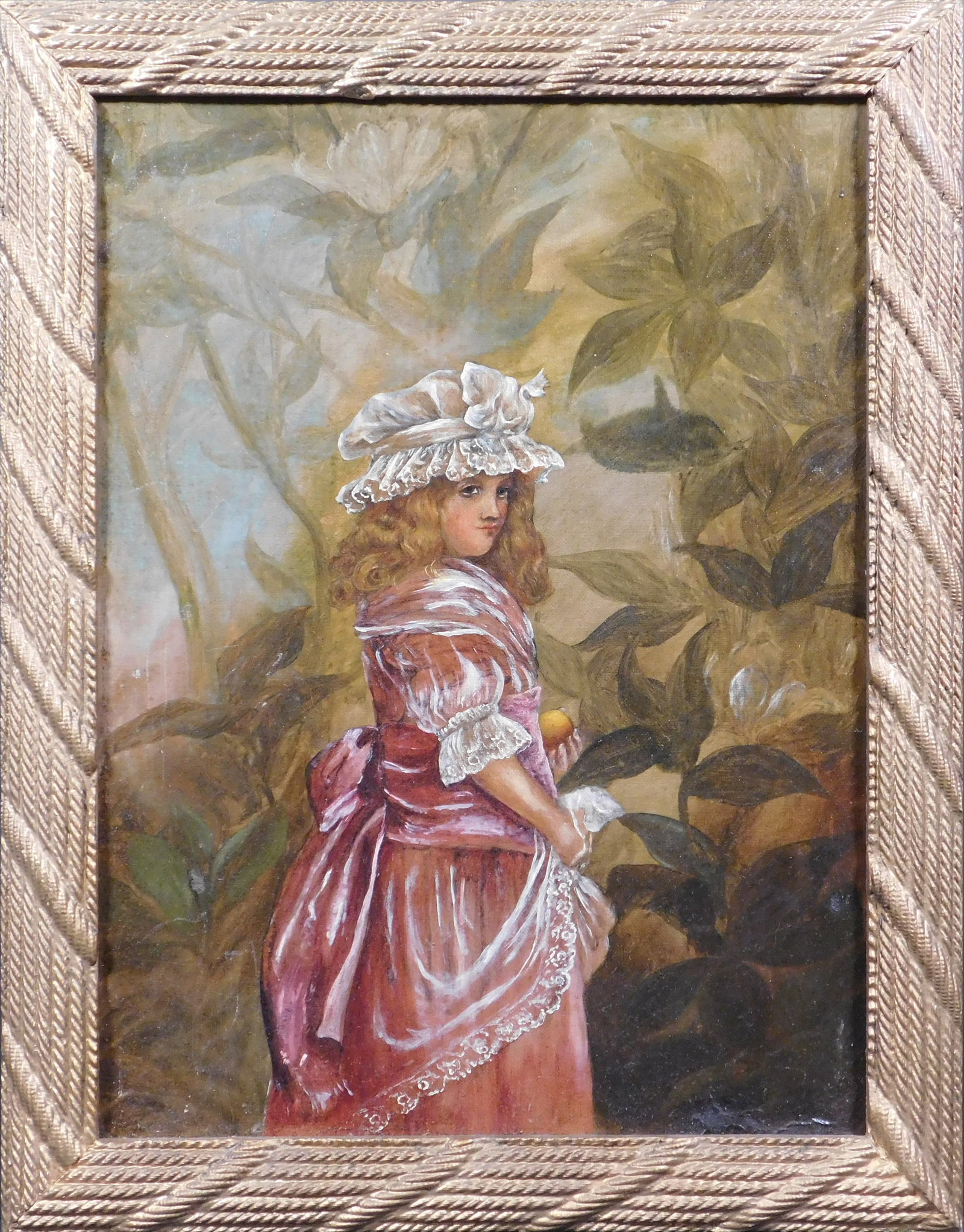 Portrait of a Girl in a Pink Dress: Portrait of a Girl in a Pink Dress, ca. 1883: Oil on canvas, framed. This stunning painting captures the innocence and charm of a young girl in a pink satin dress, delicately holding an apple in her h