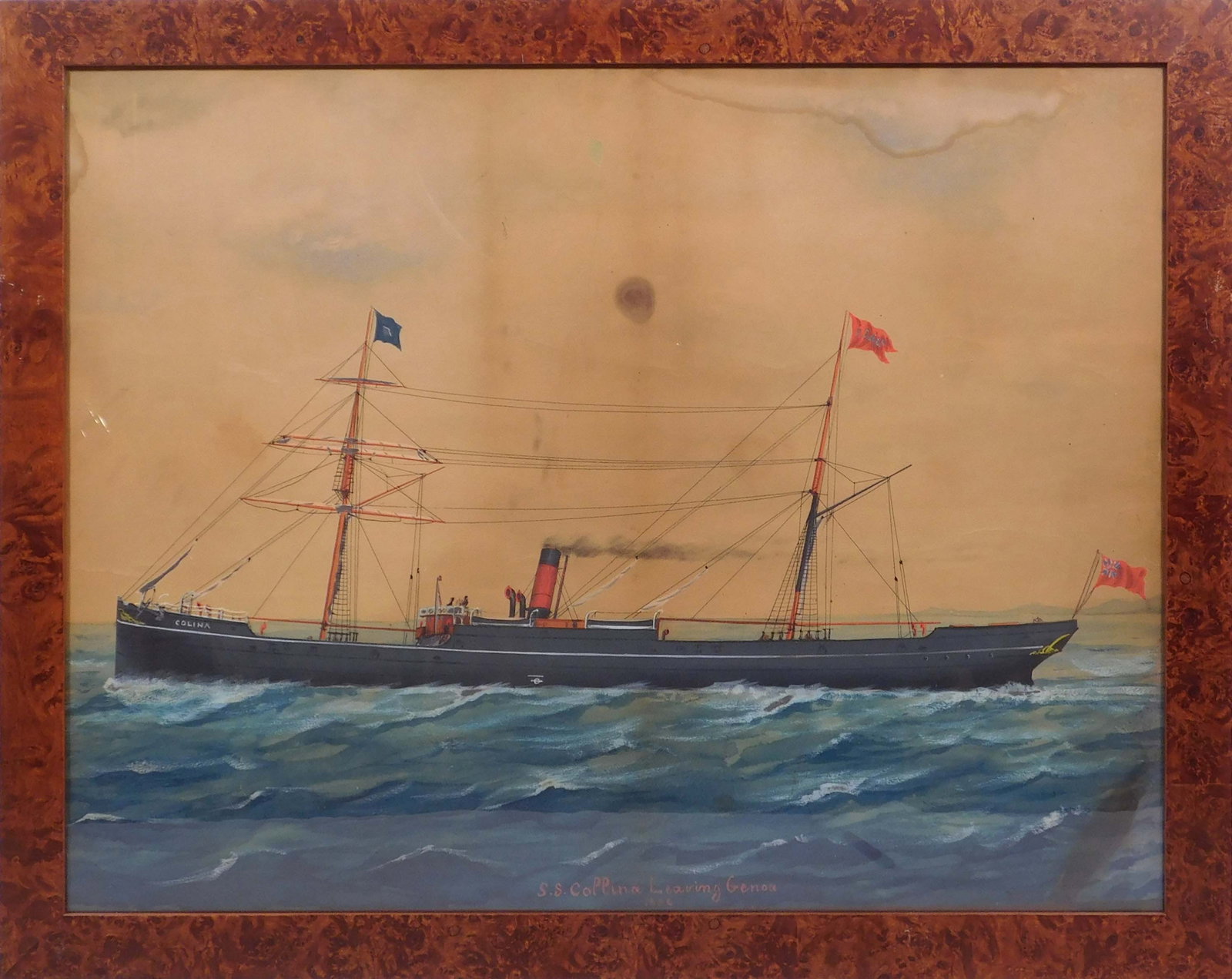SS Collina Leaving Genoa: SS Collina Leaving Genoa. Unsigned, Watercolor on paper, in a burlwood frame. The ship itself is a striking symbol of the ingenuity and craftsmanship of early 20th-century naval design, and the painti