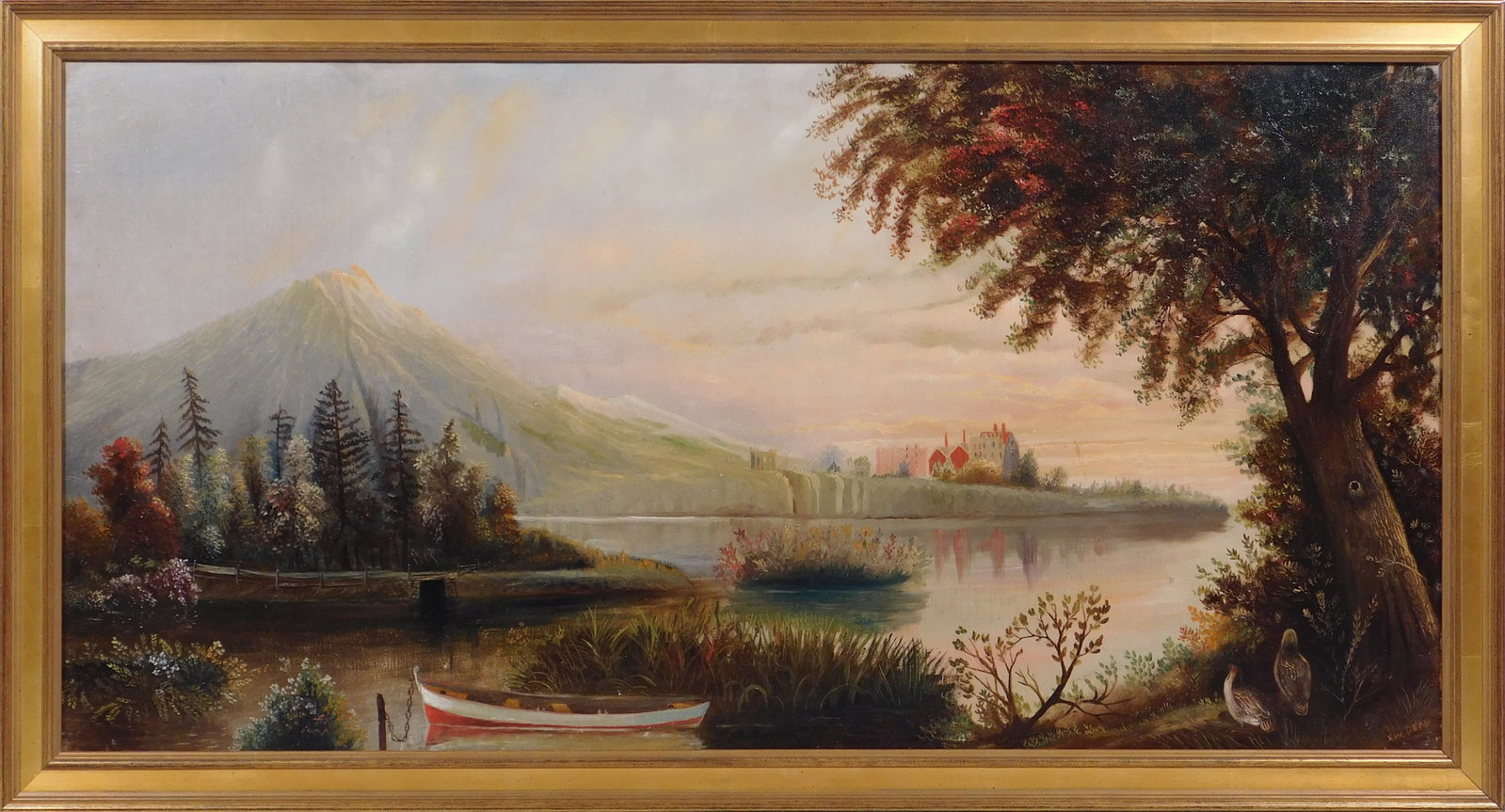 Continental School, Mountain and River Scape: Continental School, Mountain and River Scape. Oil on canvas, framed, previous owner's information is written in pencil verso. The use of vibrant colors and subtle brushstrokes creates a sense of seren