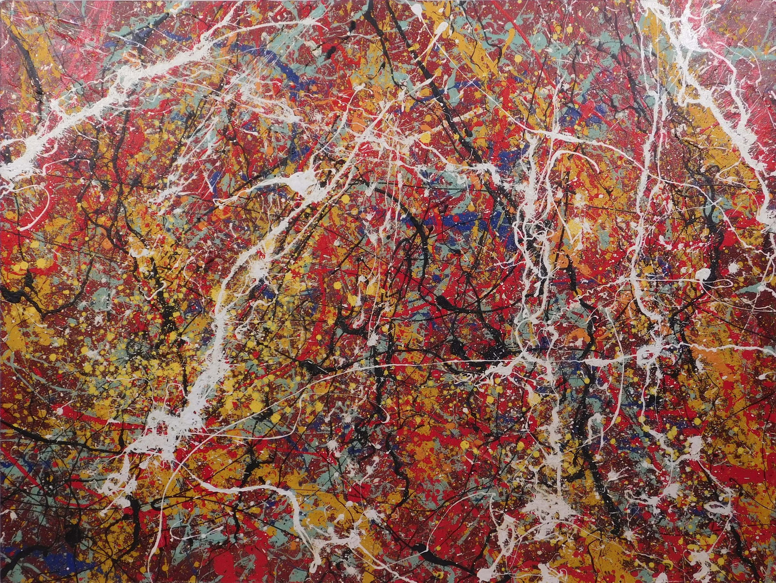 Style of Jackson Pollock: Drip Painting: Style of Jackson Pollock (American, 1912-1956): Drip Painting. This vibrant and dynamic painting is an exquisite example of drip painting technique. Created with mixed media on canvas, the painting
