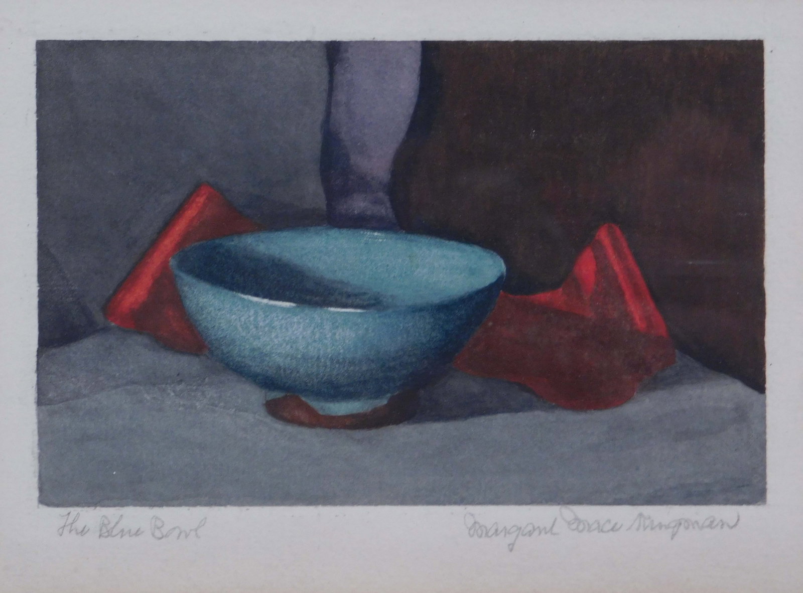 M. M. Rignman: The Bue Bowl: M. M. Rignman (20th Century): The Bue Bowl. Etching on paper, signed and titled in pencil below, framed. 14.5 x 11.5 inches framed; 3.25 x 5.25 inches painting. Private collection, New England. Very