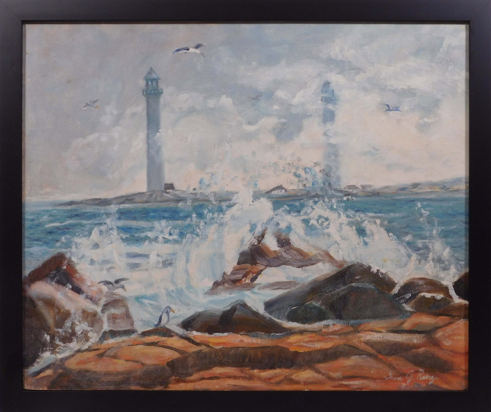Steven G Renza:Twin Lights, Cape Ann: Steven G Renza (American, 20th Century): Rocky Coast with Lighthouses (Twin Lights, Came Ann). Oil on canvas board, signed lower right, framed. 22 x 26 inches framed; 20 x 24 inches canvas. Private