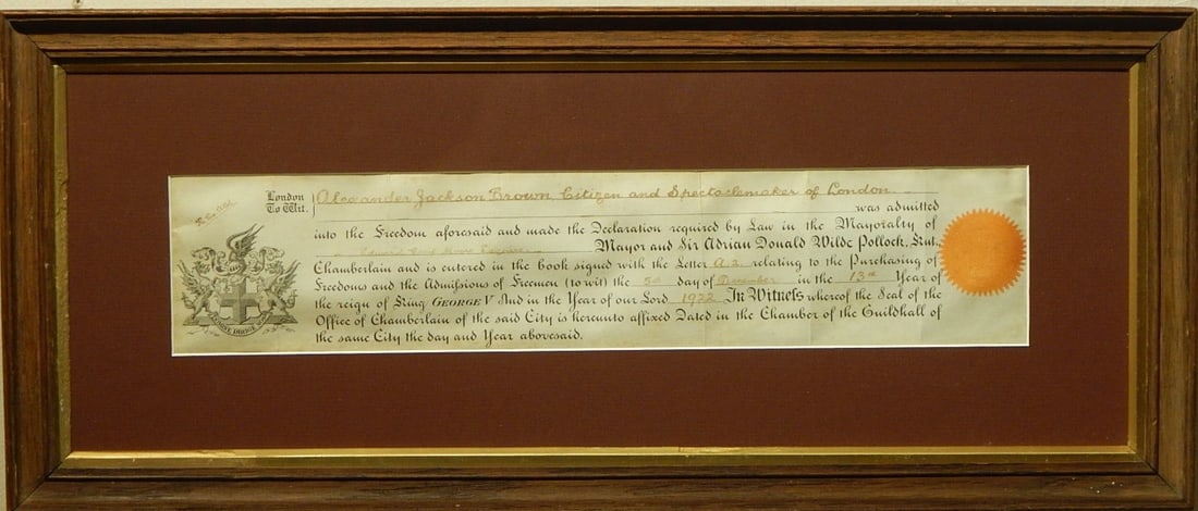 Antique Optician Guild License: Antique Optician Guild License issued to Alexander Jackson Brown, London, 1922. Document, signed and dated, framed. 15.25 x 3 inches sight, 21 x 9 inches framed. Private Collection, New England Good