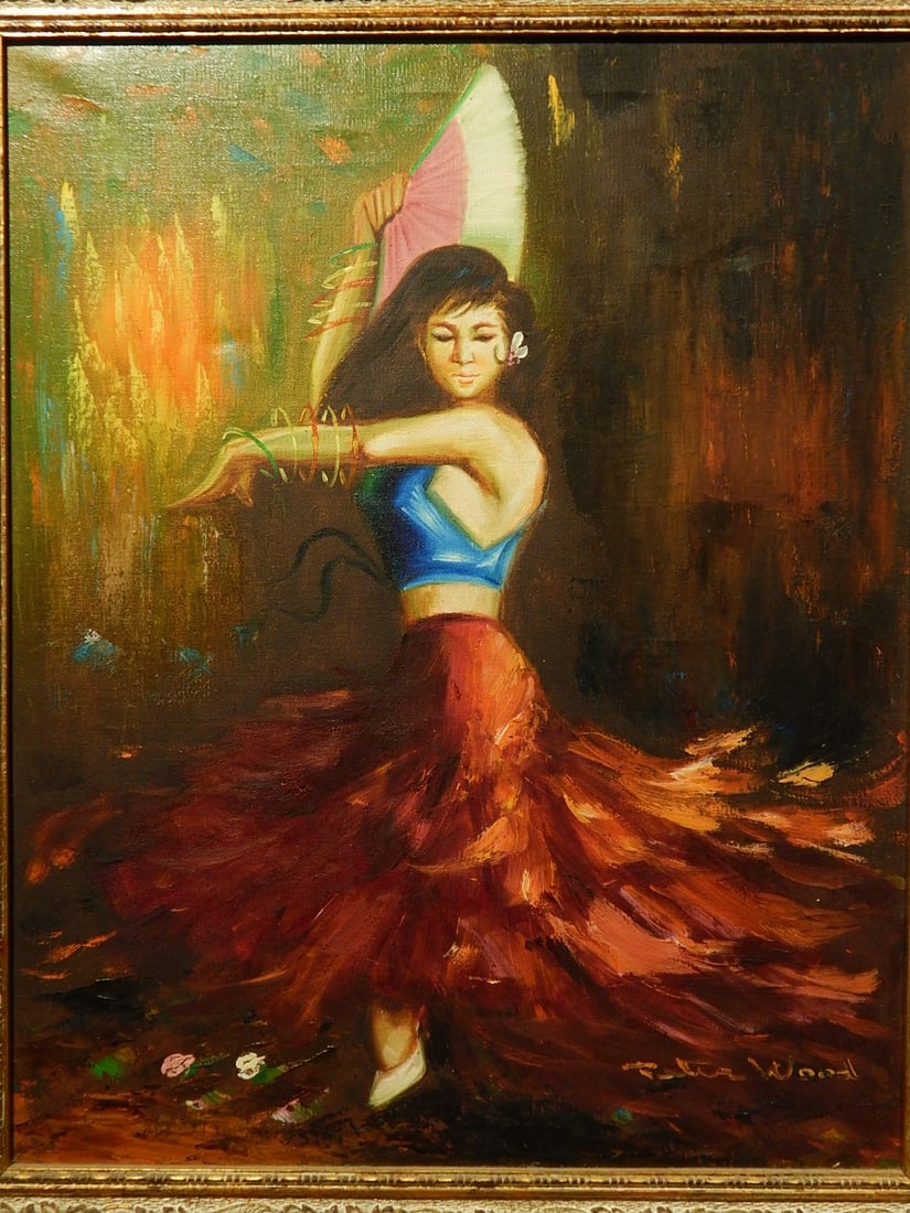 Peter Wood: Spanish Dancer: Peter Wood (20th Century): Spanish Dancer, c.1980. Acrylic on canvas, signed lower right, framed. The frame has the wood engraving & letterpress label of Smith Glass, designed and printed by Leonard B