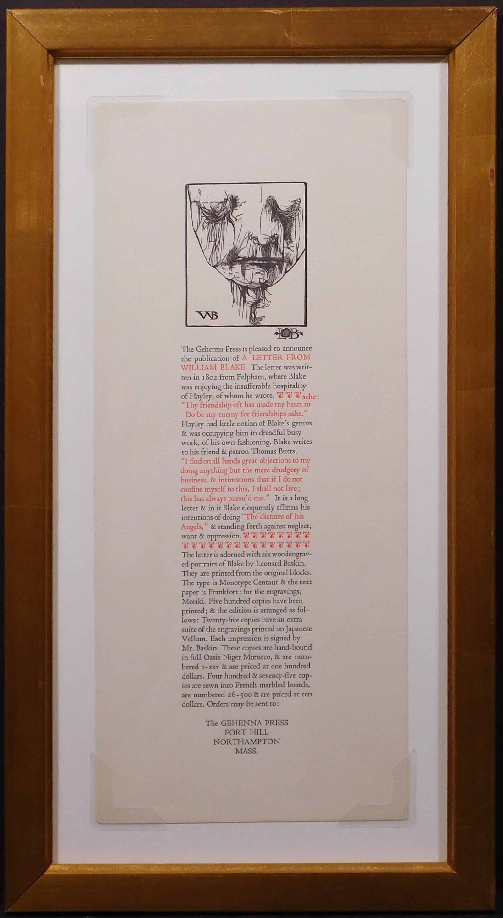 Leonard Baskin: A Letter from William Blake: Leonard Baskin (American, 1922-2000): Announcement for A Letter from William Blake, published by Baskin's Gehenna Press. Letterpress and wood-engraved portrait of William Blake on paper, signed in