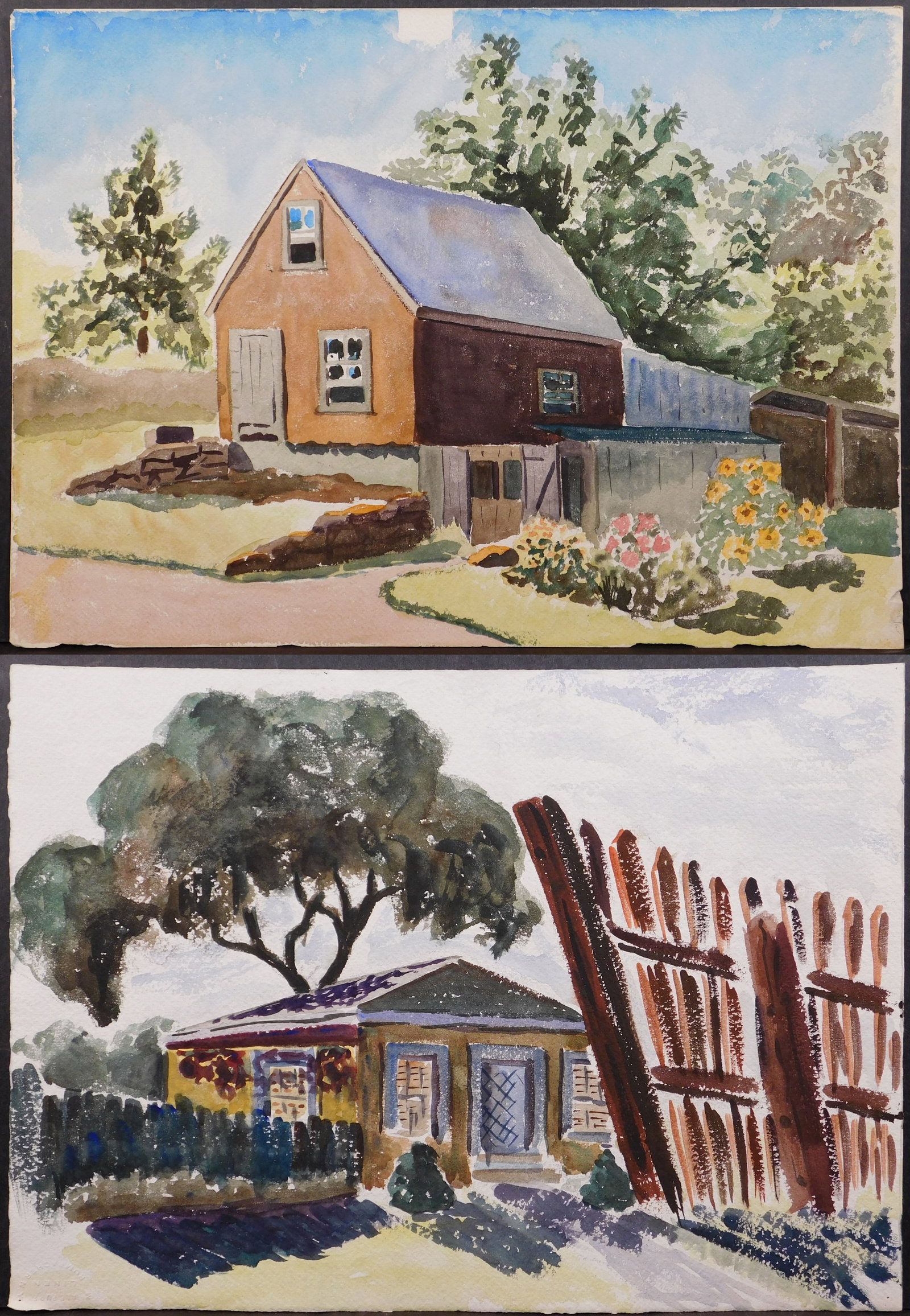 Two Country House Watercolors: Two Country House Watercolors on cold pressed paper, unsigned, unframed. 11.25 x 15.5 inches paper and 14 x 20 inches paper. Private collection, New England Very good condition; pinholes in corners;
