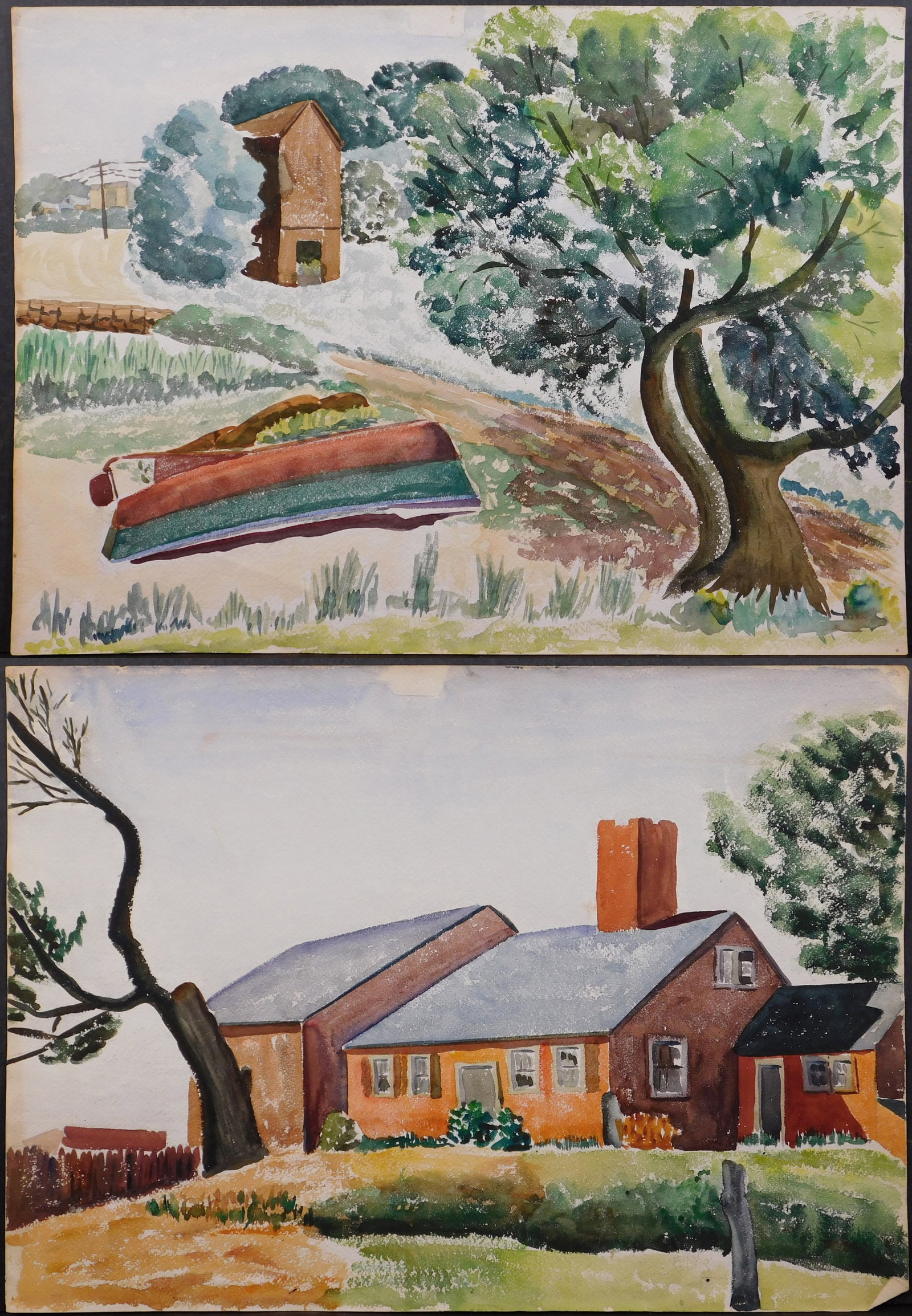 Farm House and Farm Road: Farm House and Farm Road. Two Watercolors on cold pressed paper, unsigned, unframed. 15 x 21 inches paper each. Private collection, New England Very good condition; pinholes in corners; light toning