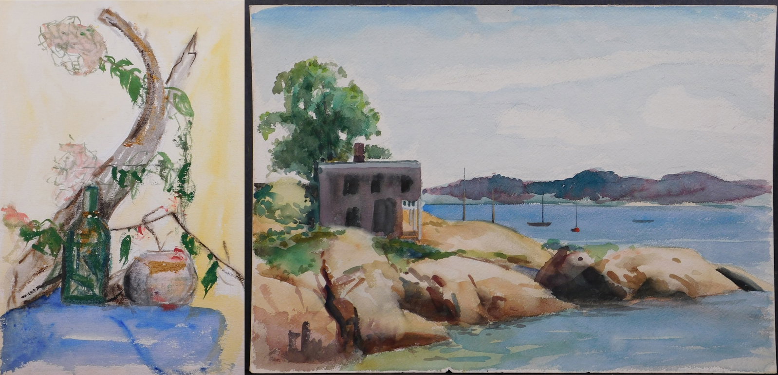 Still Life with Driftwood and Sea Side Cottage: Still Life with Driftwood and Sea Side Cottage. Two Watercolors on cold pressed paper, unsigned, unframed. 22 x 15 inches paper and 14 x 20 inches paper. Private collection, New England Very good