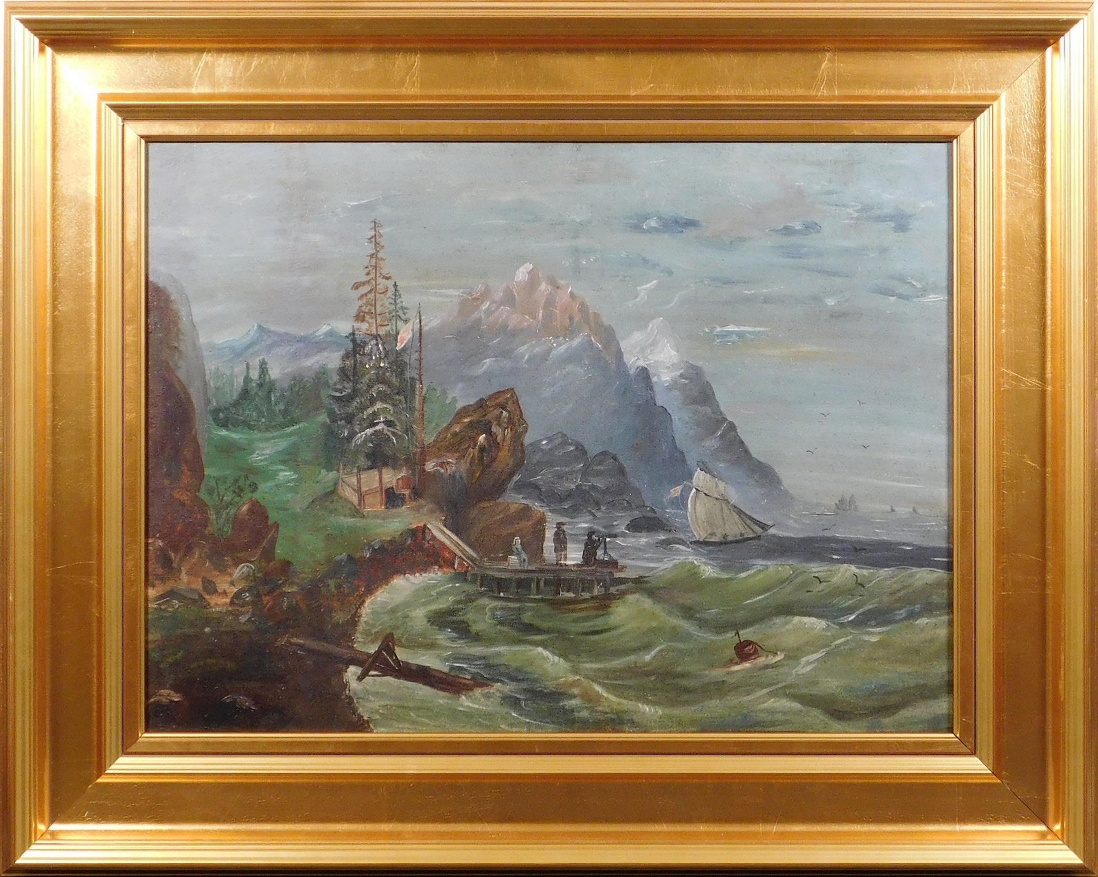 Stormy Canadian Coast: Stormy Canadian Coast ca 1870: Oil on academy board. Academy board is from Geo R Angell, Detroit Michigan. Framed. 26 x 33.5 inches frame; 18.5 x 24.5 inches canvas. Private collector, Michigan Great