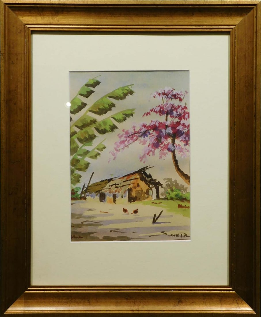 Tropical Home: Tropical Home. Watercolor on paper, indistinct signature lower right, framed. 6.5 x 9.25 inches sight, 13.75 x 16.75 inches framed. Private Collection, New England Good condition. NOTE: If