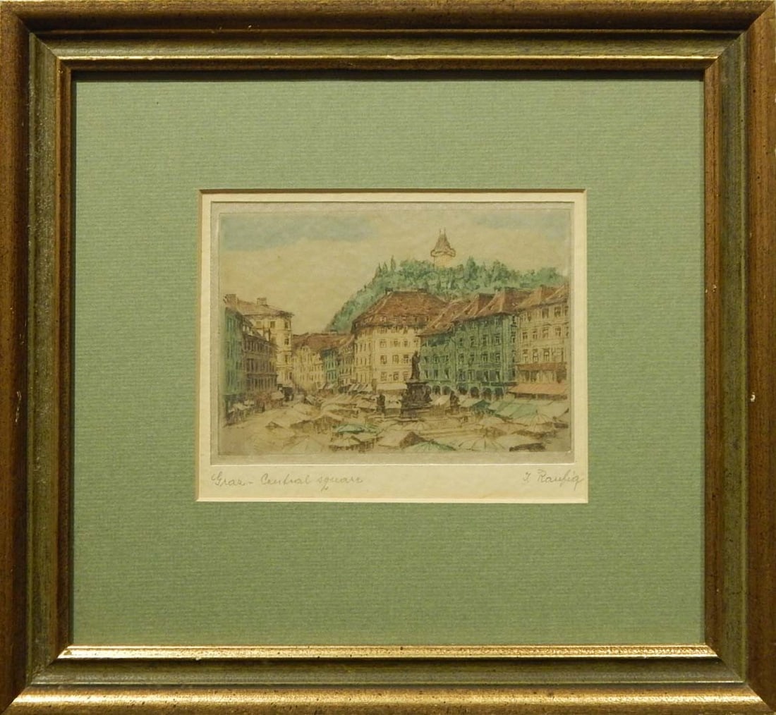 J. Raufig: Graz - Central Square: J. Raufig (20th Century): Graz - Central Square. Silk etching, signed lower right, framed. 5.75 x 4.5 inches sight, 11.5 x 10.75 inches framed. Private Collection, New England Good condition. NOTE: