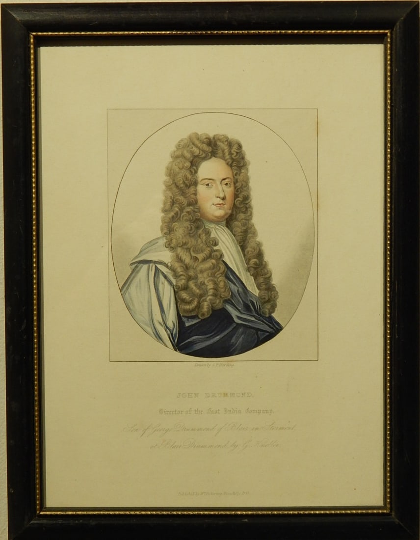 After Godfrey Kneller: John Drummond: After Godfrey Kneller (German, 1646-1723): John Drummond, 1845. Hand-colored etching, name listed in bottom caption, framed. 7.5 x 10.25 inches sight, 9.25 x 12 inches framed. Private Collection, New