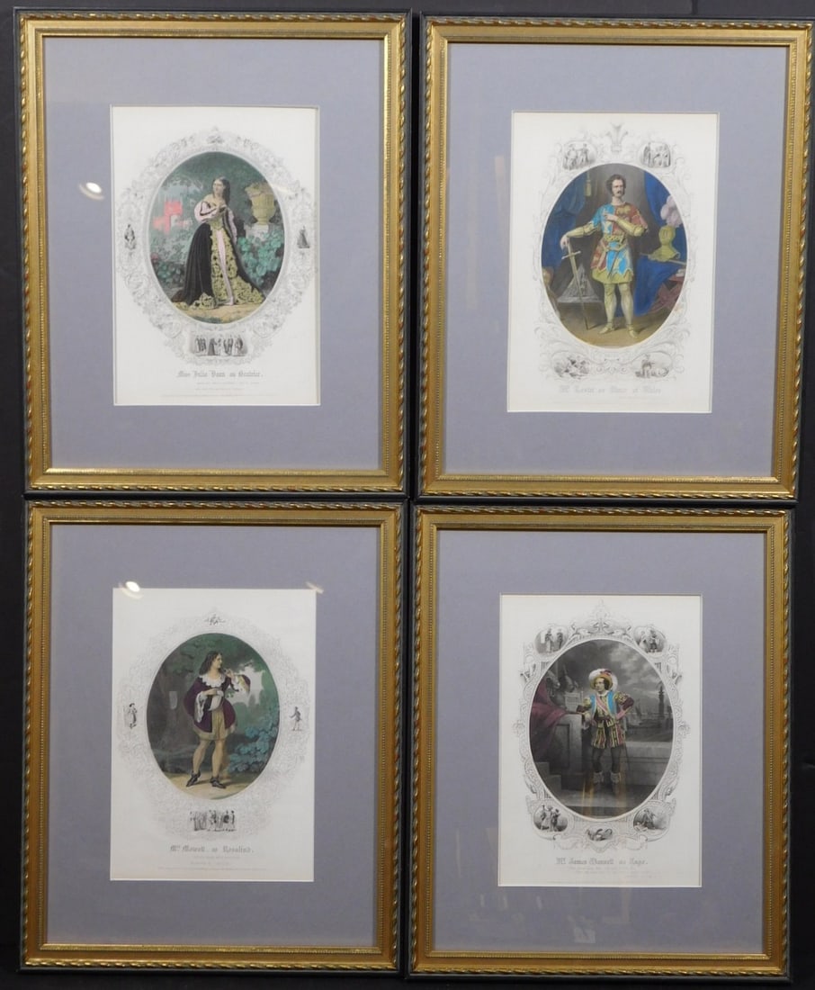 Suite of Four Famous Actors as Shakespeare Characters by Martin & Johnson, NY 1885: Suite of Four Famous Actors as Shakespeare Characters by Martin and Johnson, NY 1885: colored stipple and line engraving on paper, unsigned, framed. Includes Mr. James Bennett as Iago, Mr. Lester as P