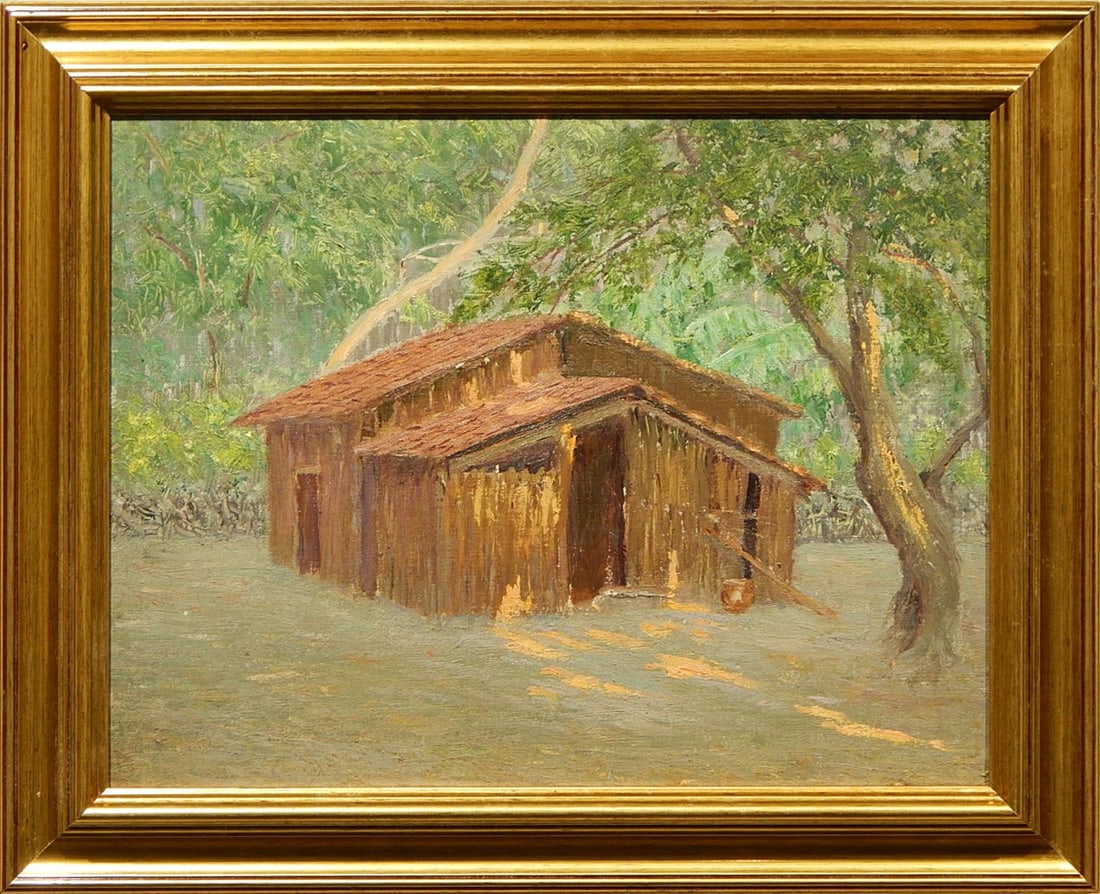 M.M.W: Forest Cabin: M.M.W: Forest Cabin, 1963. Acrylic on board, Initialed and dated on back, framed. 13.25 x 10 inches sight, 17.75 x 13.5 inches framed. Private Collection, New England Good condition. NOTE: If