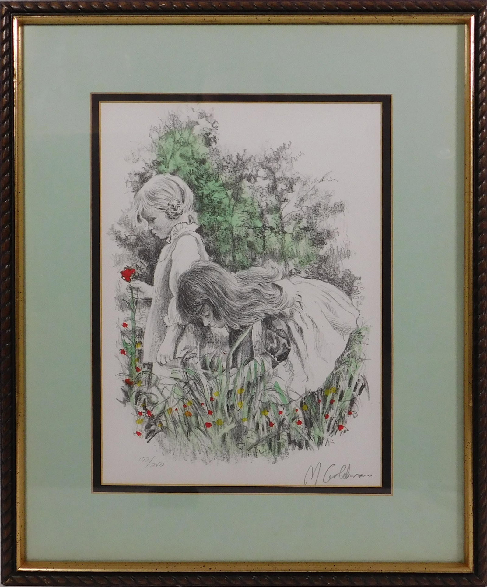 Milton Goldman: Two Children and Flowers: Milton Goldman (20th Century): Two Children and Flowers. Lithograph, signed and numbered (177/250), professionally framed and matted. 21 x 17 inches framed; 14 x 10 inches print. Private Collection, N