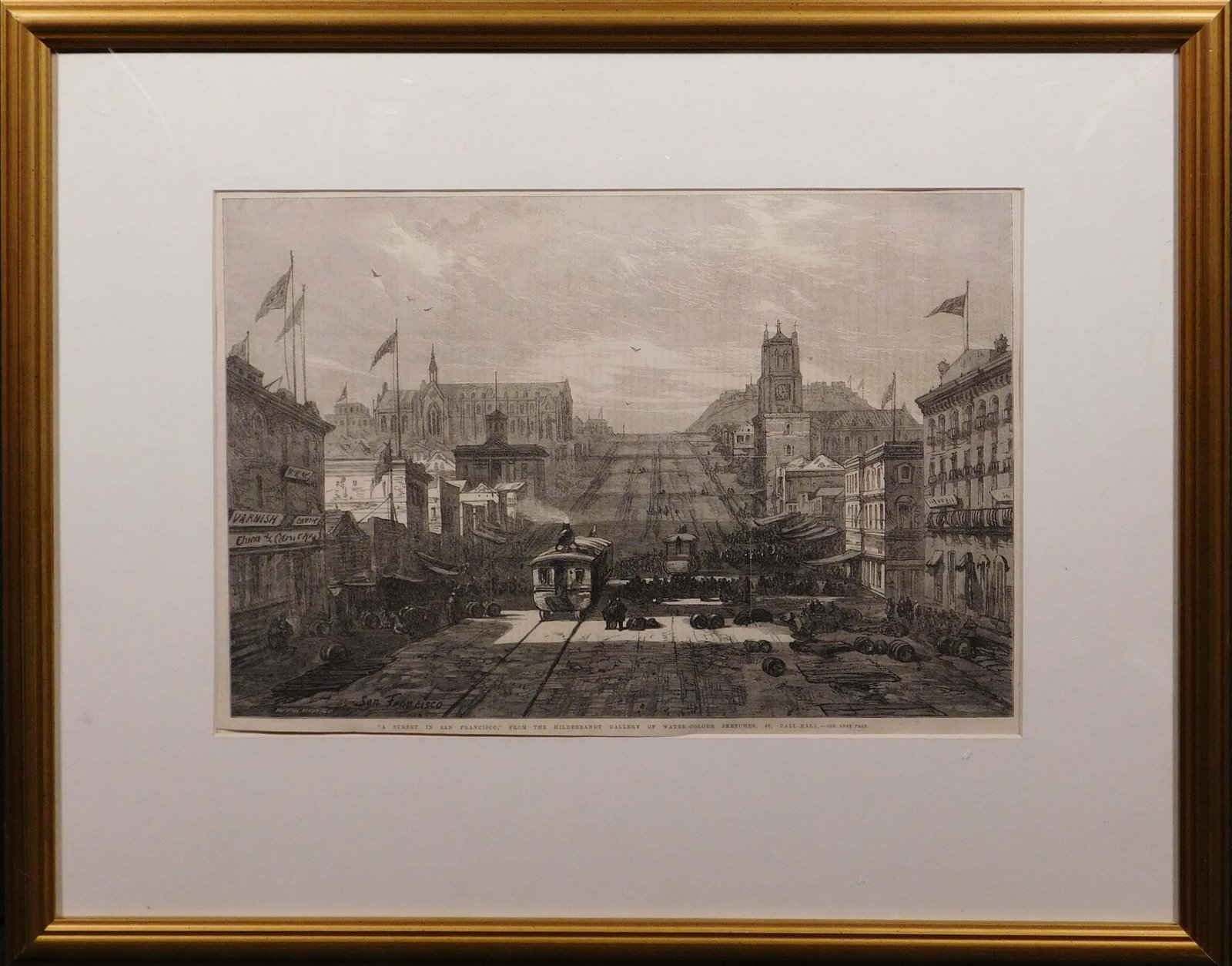 A Street in San Francisco: A Street in San Francisco, from the Hildebrandt Gallery of Water-Colour Sketches. Wood engraving on paper. From The Illustrated London News. 07-14- 1866. Illustrated by Hildebrandt, E., engraved by
