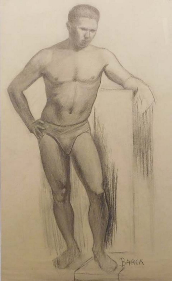 Einar Arvid Barck: Male Figure Study with Podium: Einar Arvid Barck (Russian - American, 1898-1965): Male Figure Study with Podium, charcoal drawing on paper, signed. Framed. 27 x 22 inches framed. Private Collection, New England Very good condition.