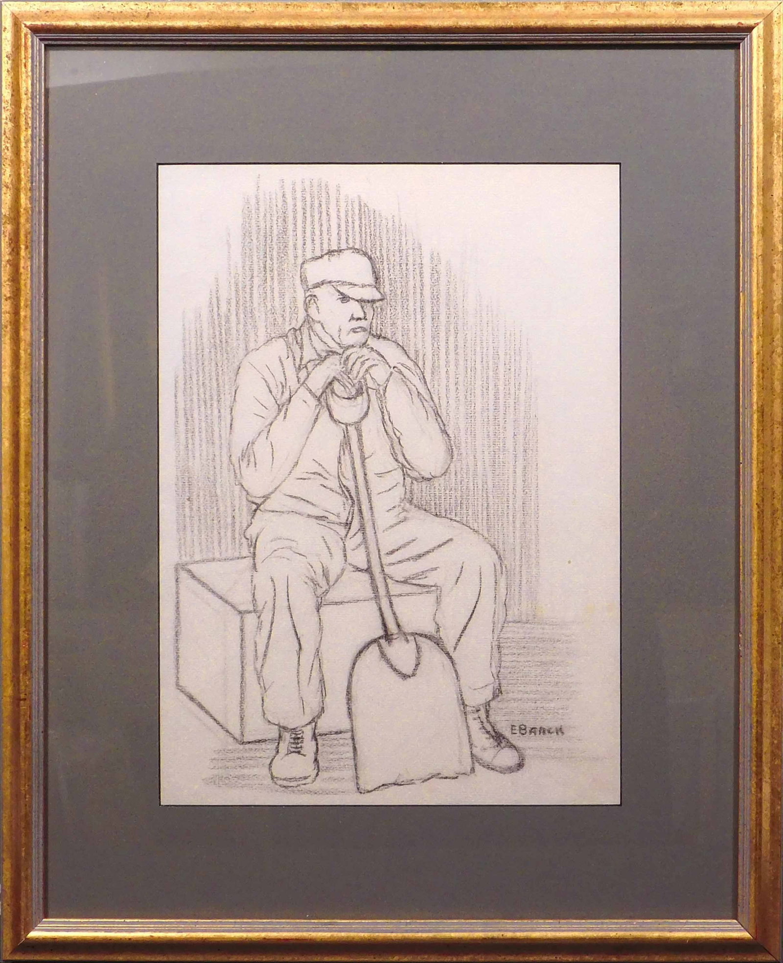 Einar Barck: Worker Taking a Break: Einar Barck: Worker Taking a Break 21.5 x 17 inches framed. From the artist;s estate. Good condition. NOTE: If documentation is not listed, the lot is sold without documents. Please refer to our